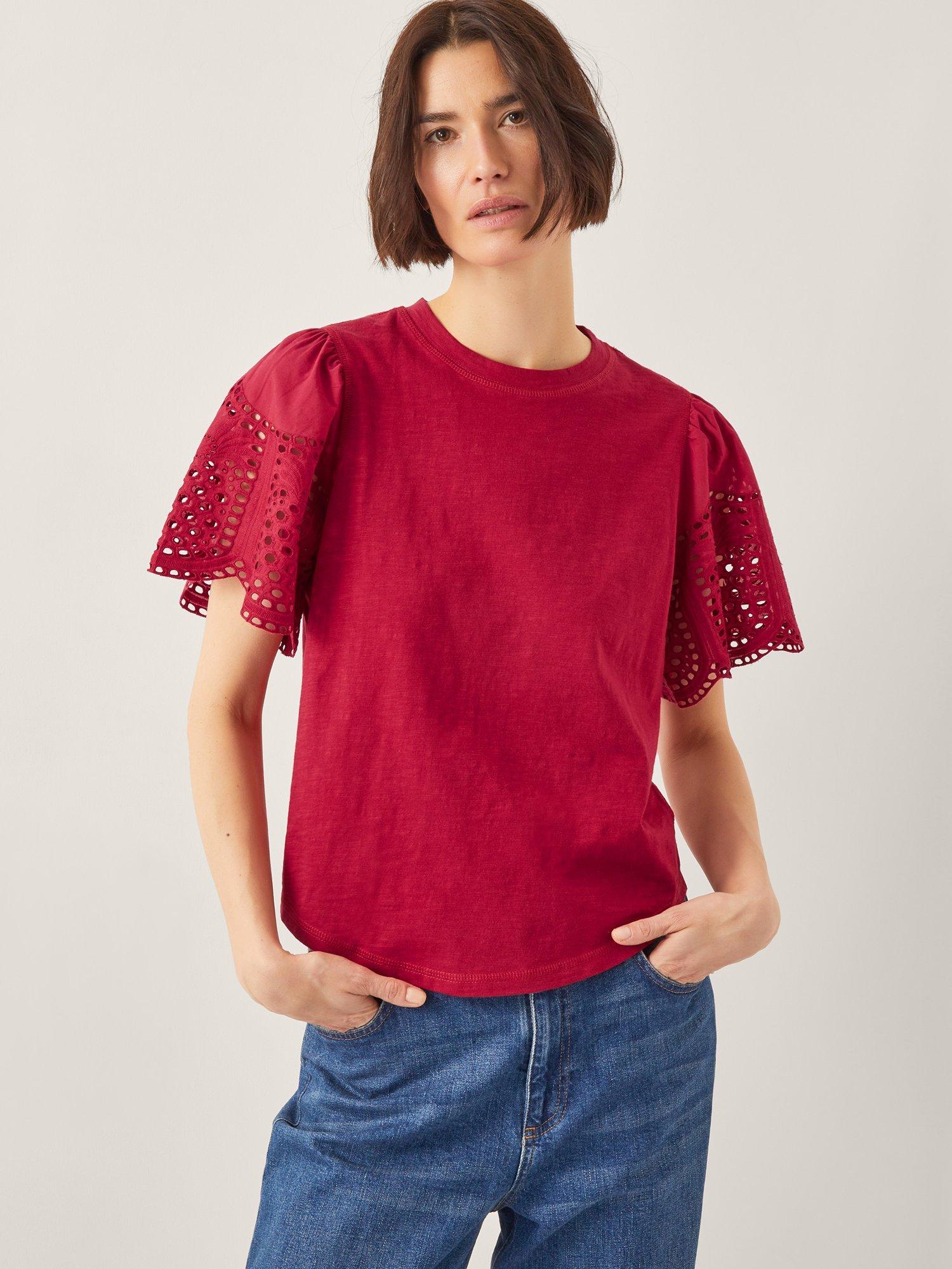 Product image 1 of 5, which shows Monsoon Bel Broderie T-Shirt, Red, S