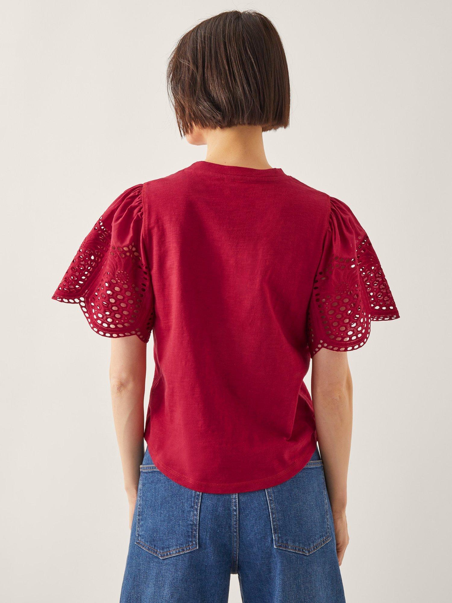 Product image 2 of 5, which shows Monsoon Bel Broderie T-Shirt, Red, S