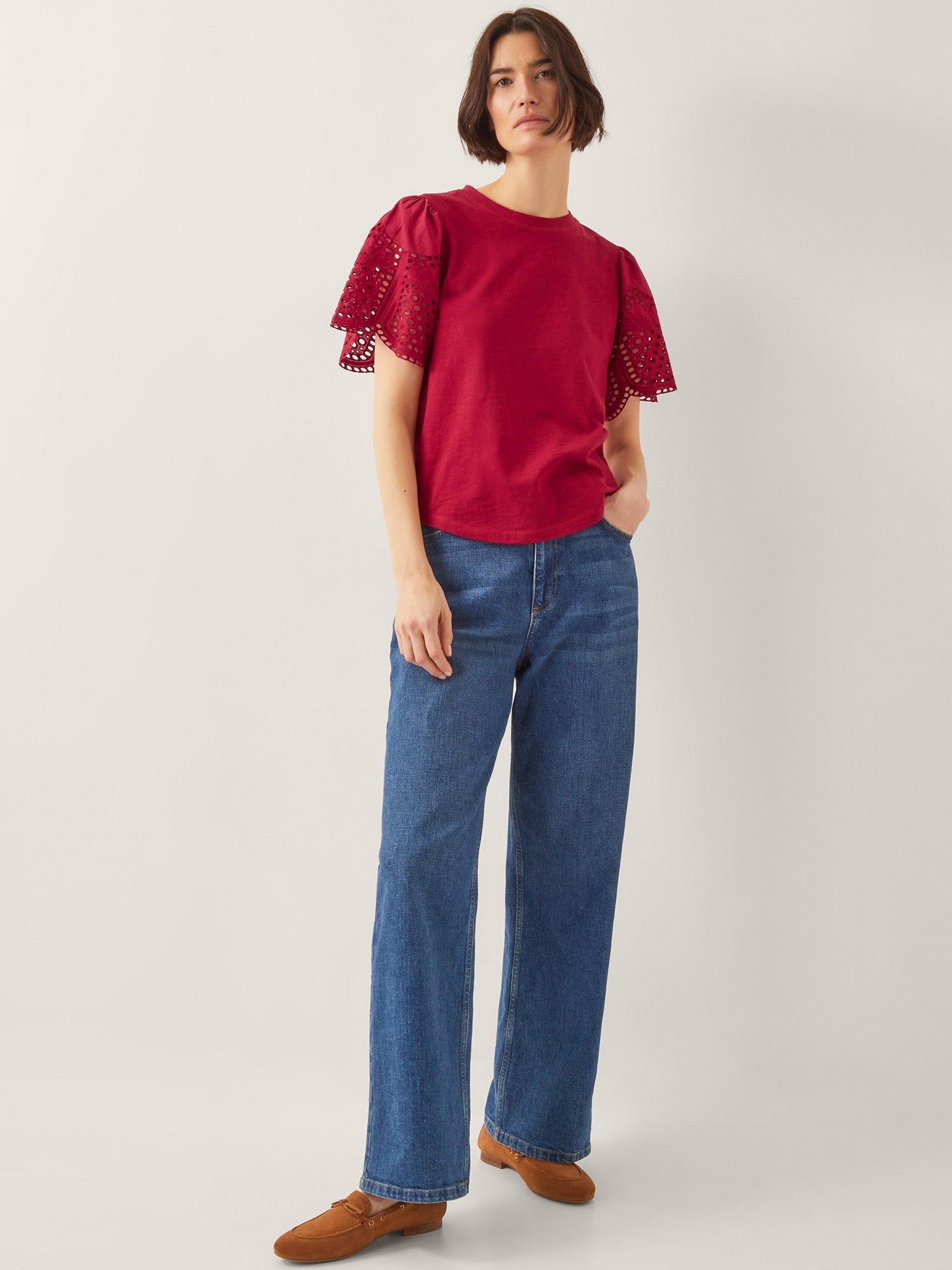 Product image 3 of 5, which shows Monsoon Bel Broderie T-Shirt, Red, S