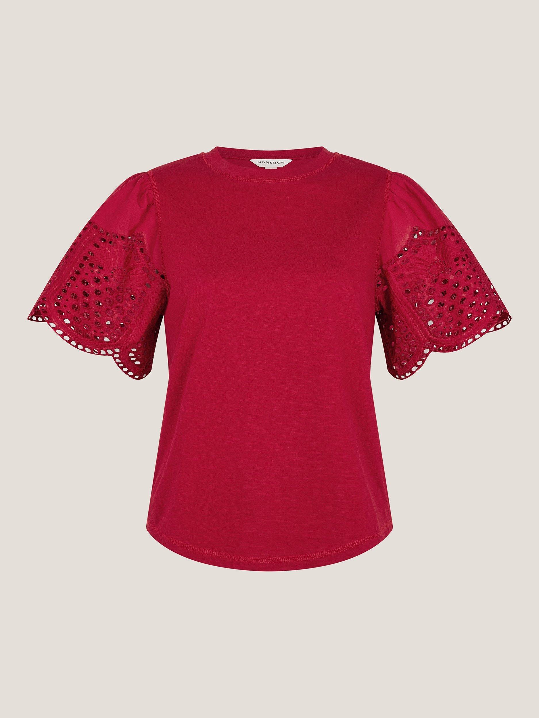 Product image 4 of 5, which shows Monsoon Bel Broderie T-Shirt, Red, S