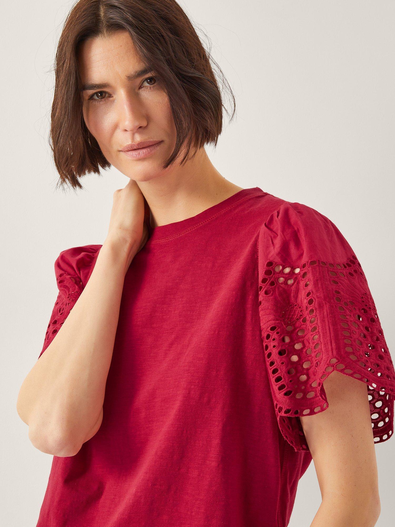Product image 5 of 5, which shows Monsoon Bel Broderie T-Shirt, Red, S