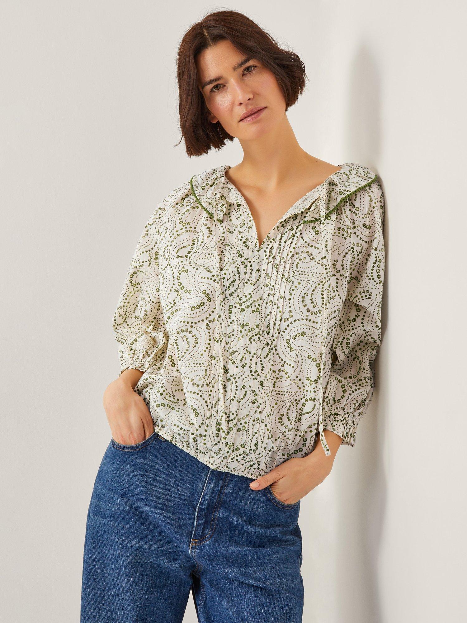 Product image 1 of 5, which shows Monsoon Delma Pintuck Floral Frilly Blouse, Ivory/Green, S