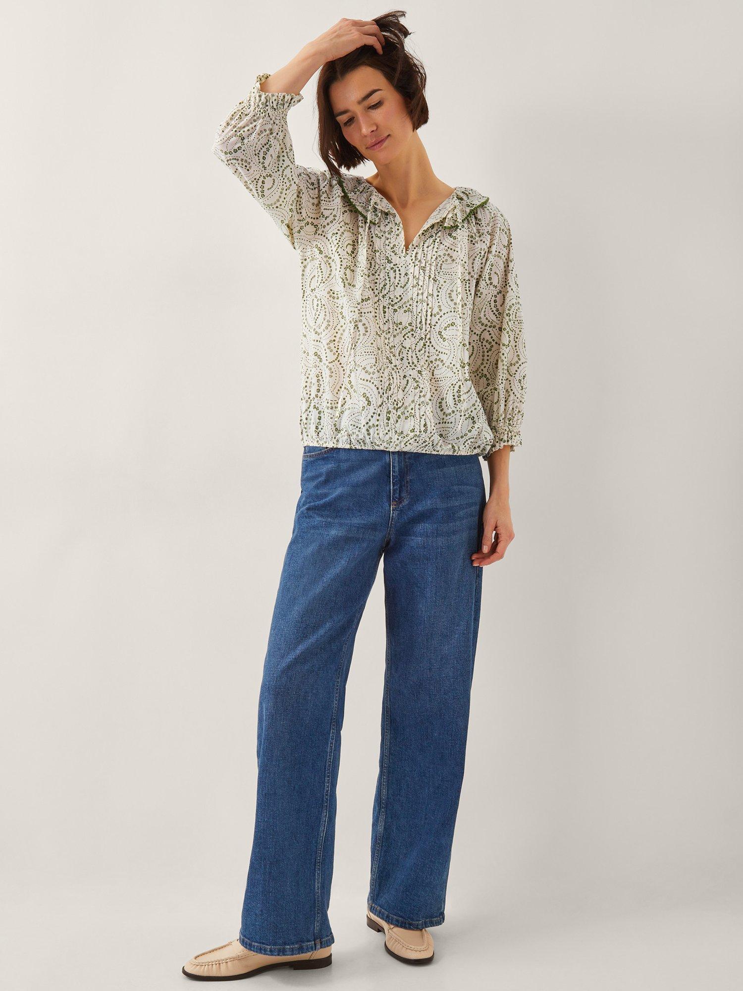 Product image 3 of 5, which shows Monsoon Delma Pintuck Floral Frilly Blouse, Ivory/Green, S