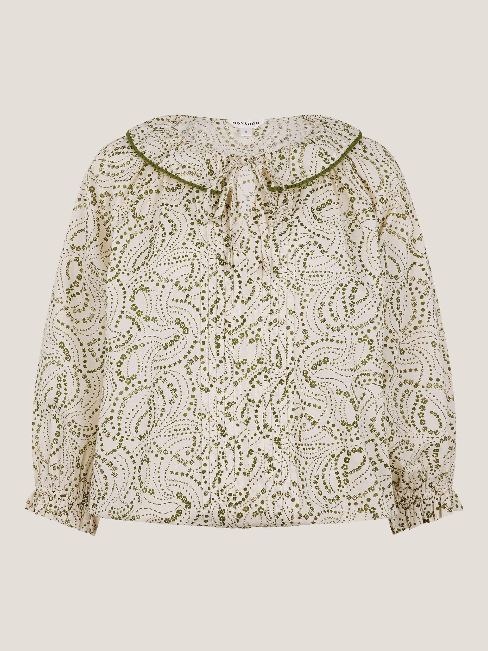 Product image 4 of 5, which shows Monsoon Delma Pintuck Floral Frilly Blouse, Ivory/Green, S