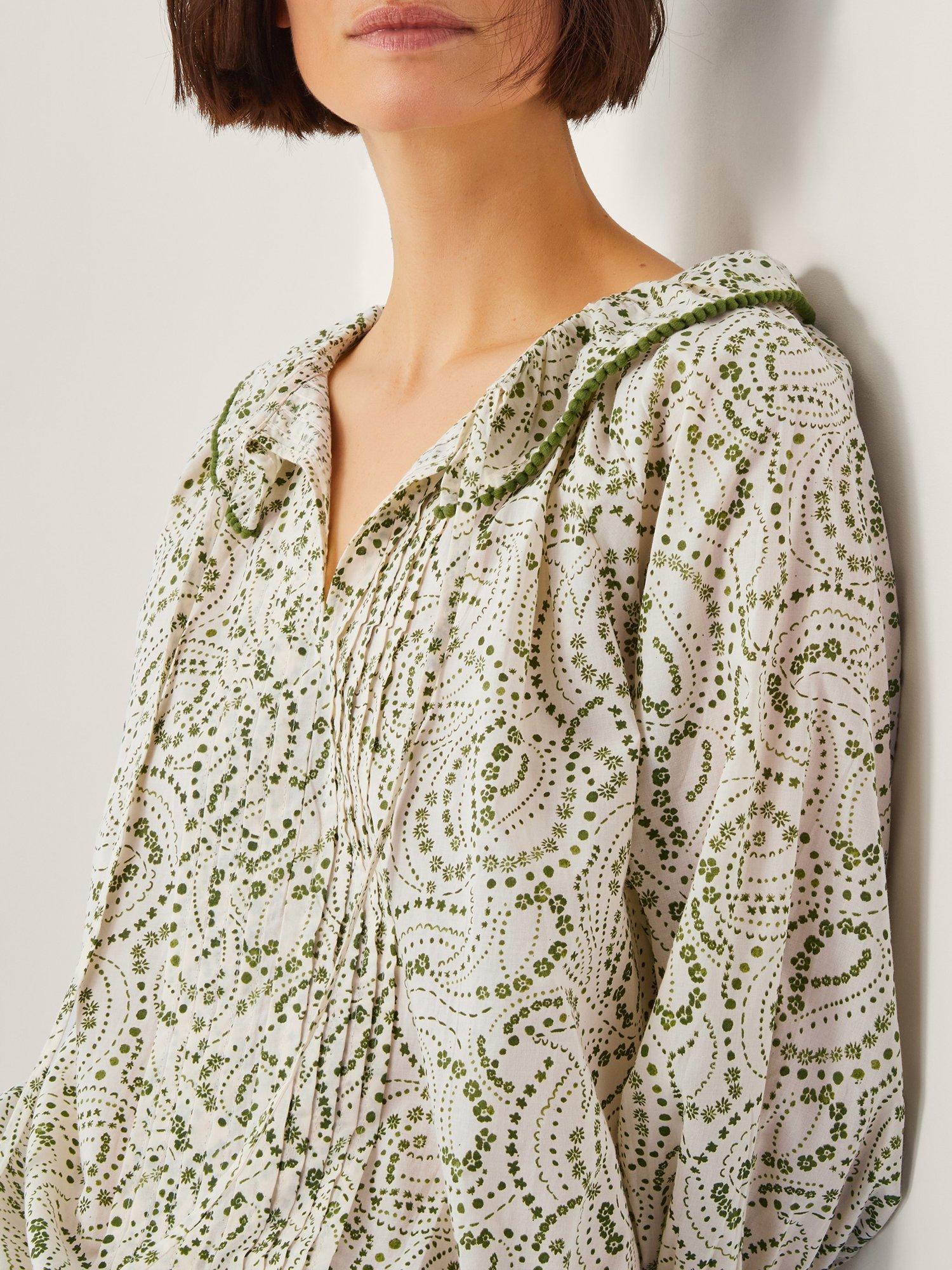 Product image 5 of 5, which shows Monsoon Delma Pintuck Floral Frilly Blouse, Ivory/Green, S