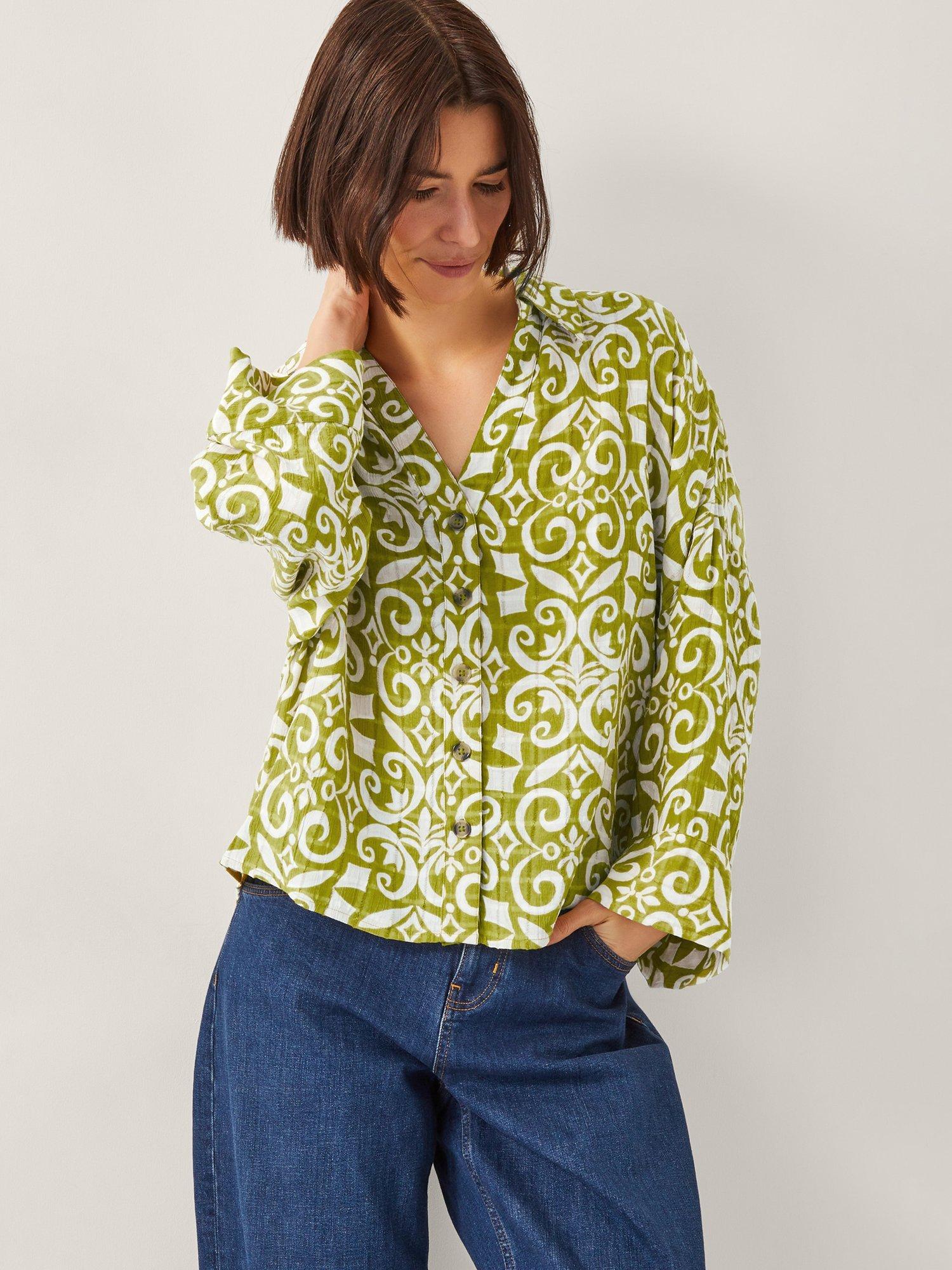 Product image 1 of 5, which shows Monsoon Trinny Print Shirt, Green/White, S