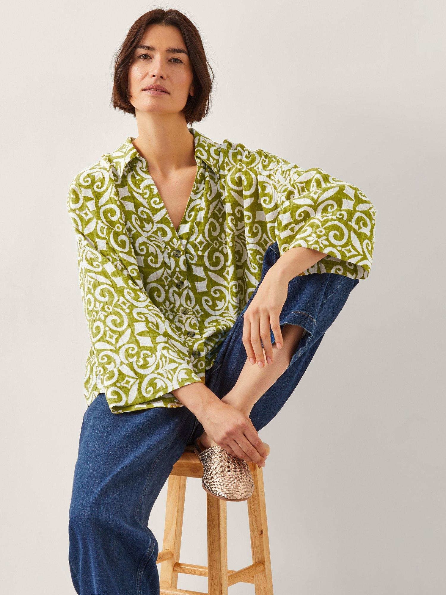 Product image 4 of 5, which shows Monsoon Trinny Print Shirt, Green/White, S