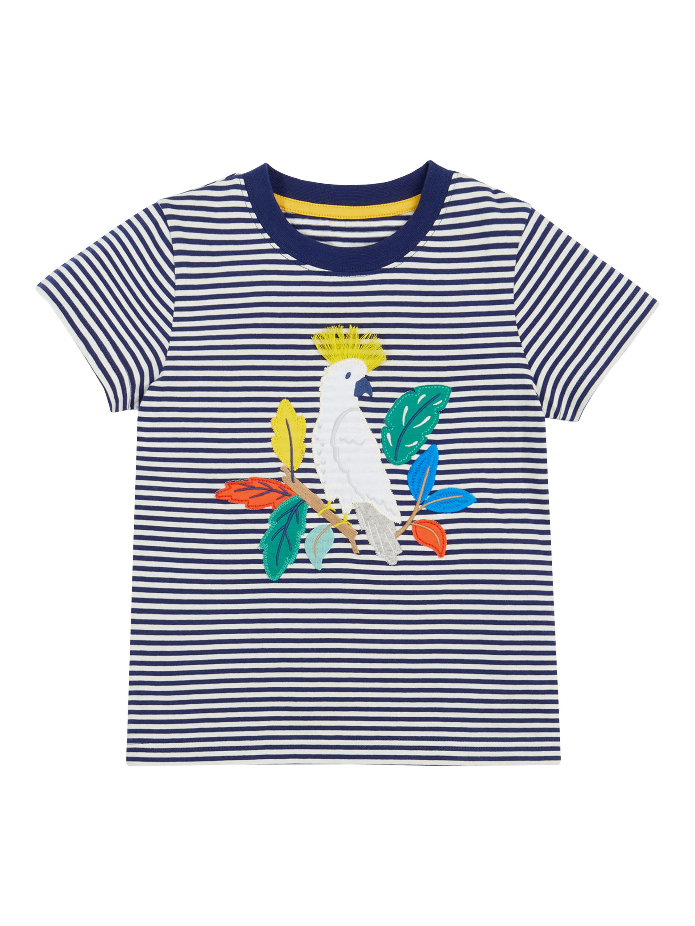 Product image 1 of 4, which shows Frugi Kids' Elijah Organic Cotton Stripe Applique T-Shirt , Blue Navy, 2-3 years