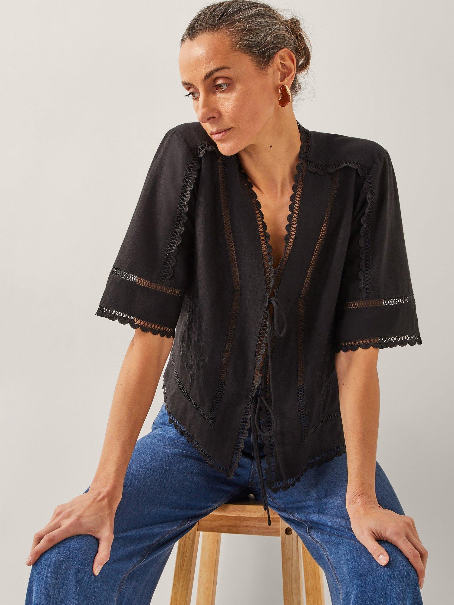 Product image 1 of 4, which shows Monsoon Hayley Embroidered Lace Tie Top, Black, S
