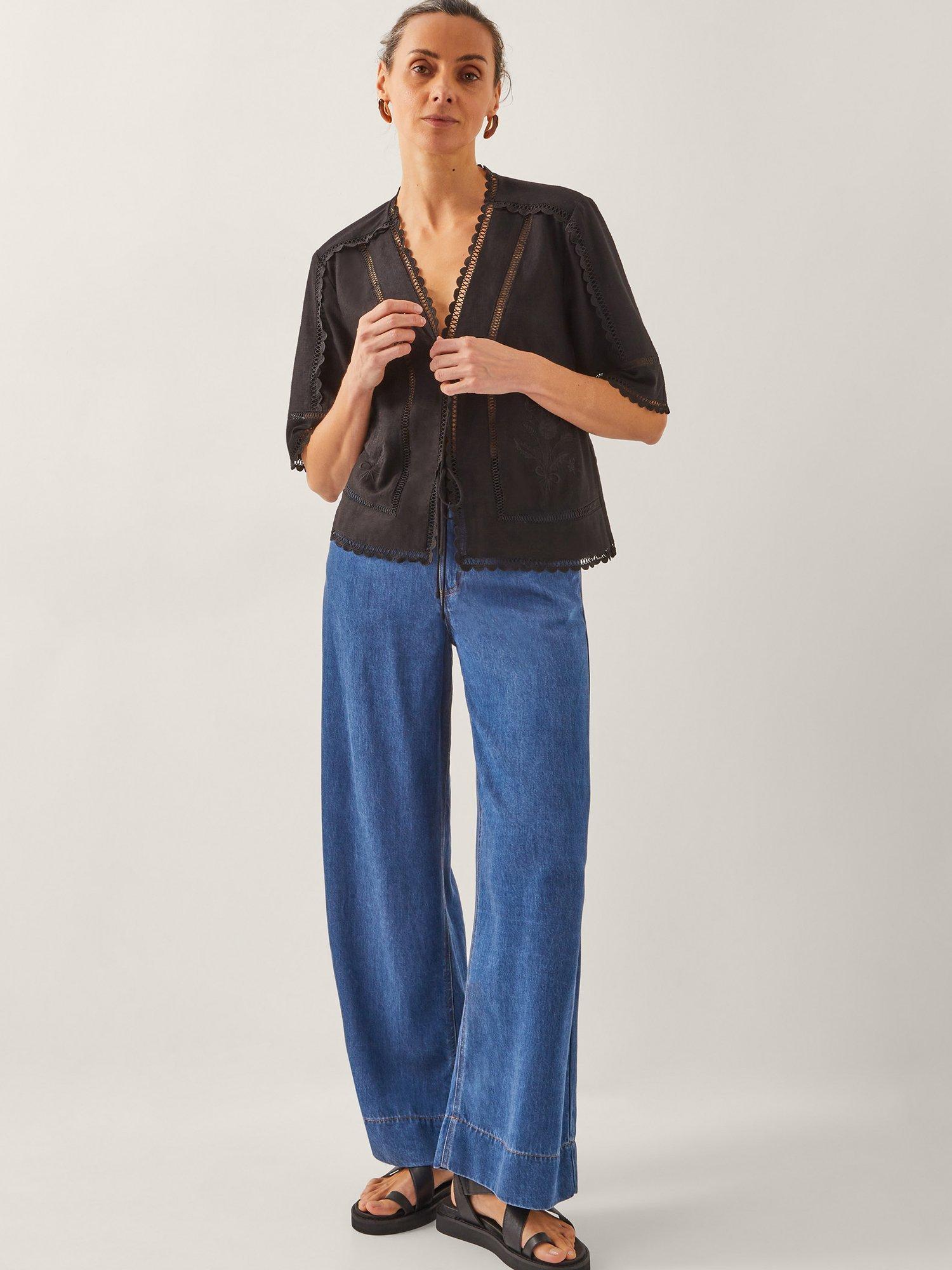 Product image 3 of 4, which shows Monsoon Hayley Embroidered Lace Tie Top, Black, S