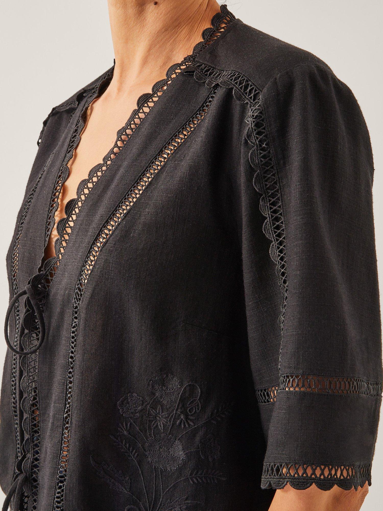 Product image 4 of 4, which shows Monsoon Hayley Embroidered Lace Tie Top, Black, S
