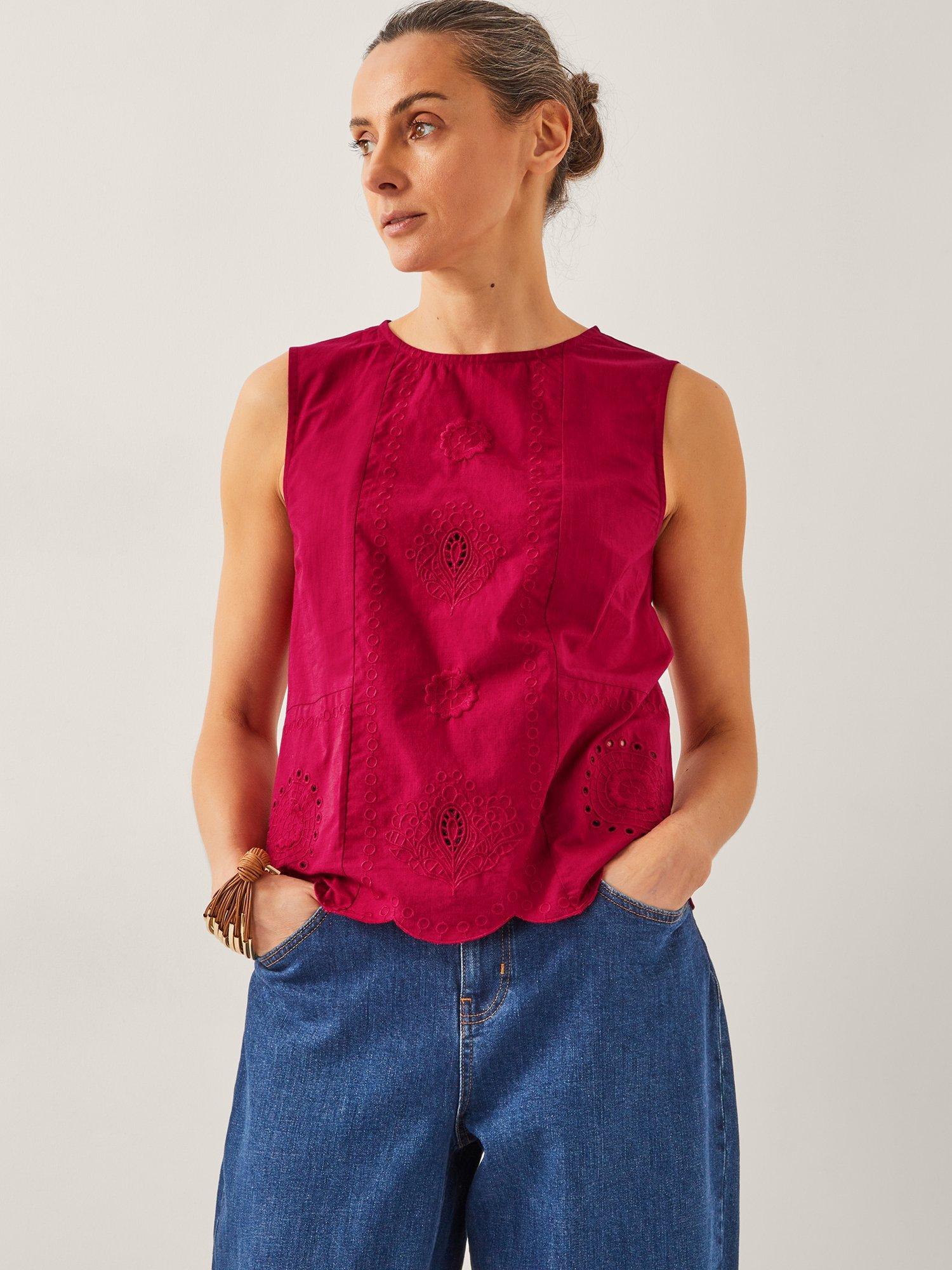 Product image 1 of 5, which shows Monsoon Orla Broderie Sleeveless Cotton Top, Red, S