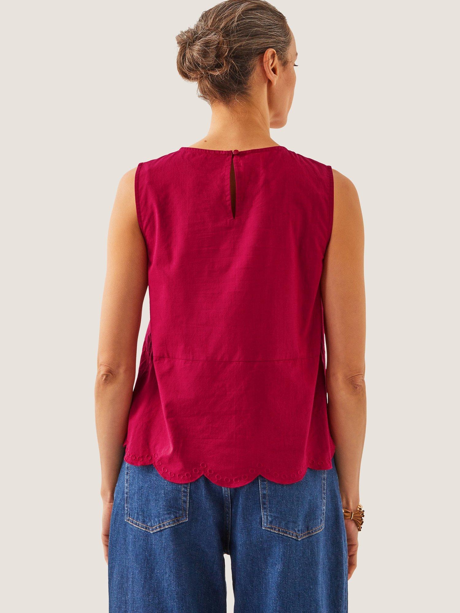Product image 2 of 5, which shows Monsoon Orla Broderie Sleeveless Cotton Top, Red, S
