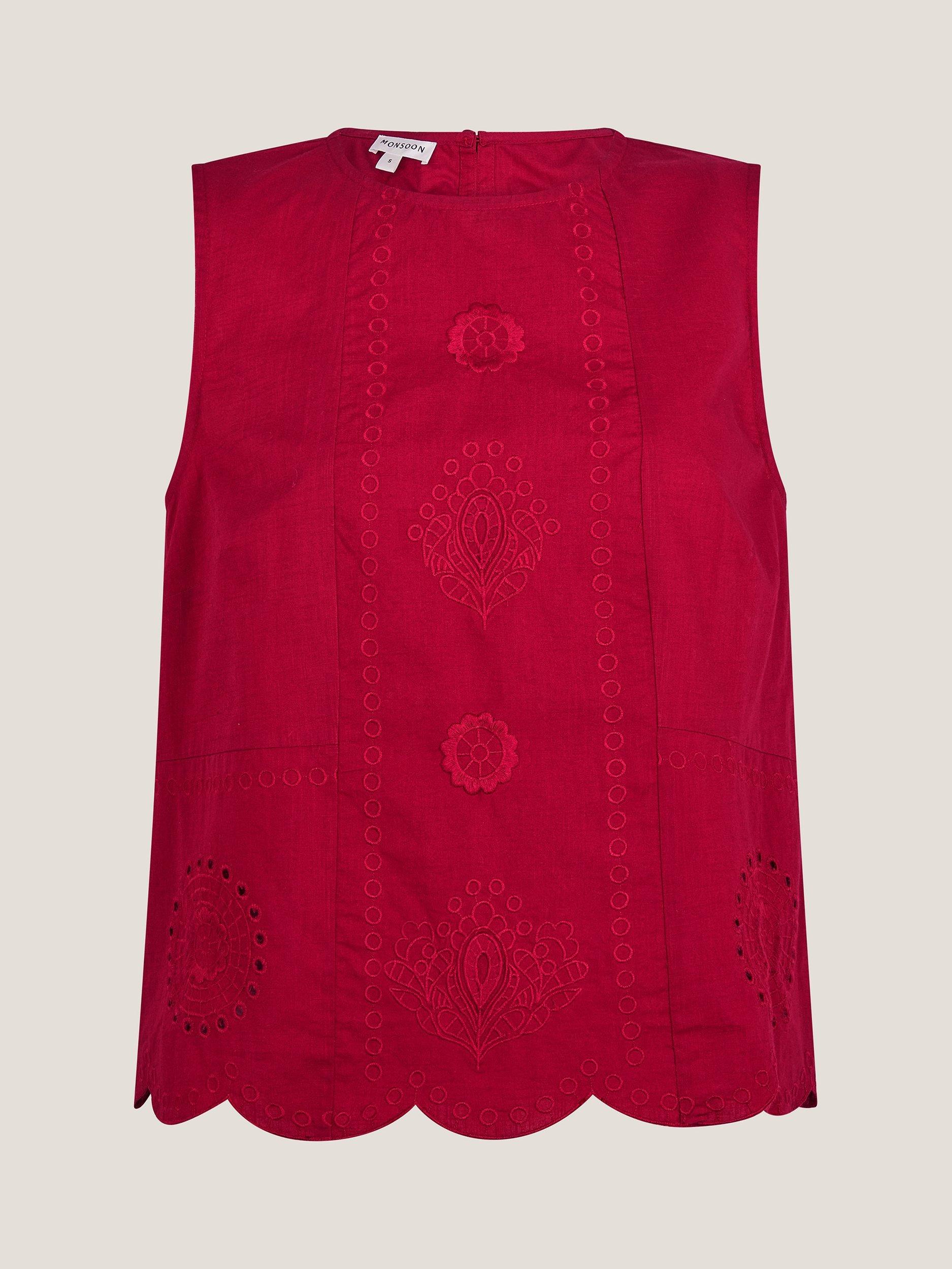Product image 4 of 5, which shows Monsoon Orla Broderie Sleeveless Cotton Top, Red, S