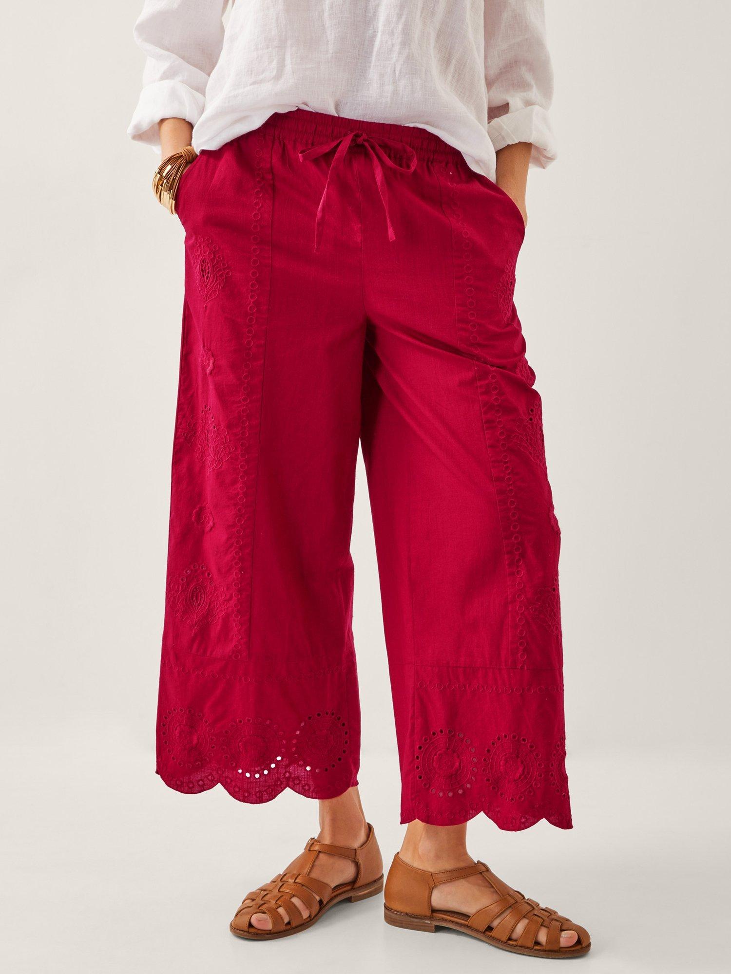 Product image 1 of 5, which shows Monsoon Orla Broderie Cotton Trousers, Red, S