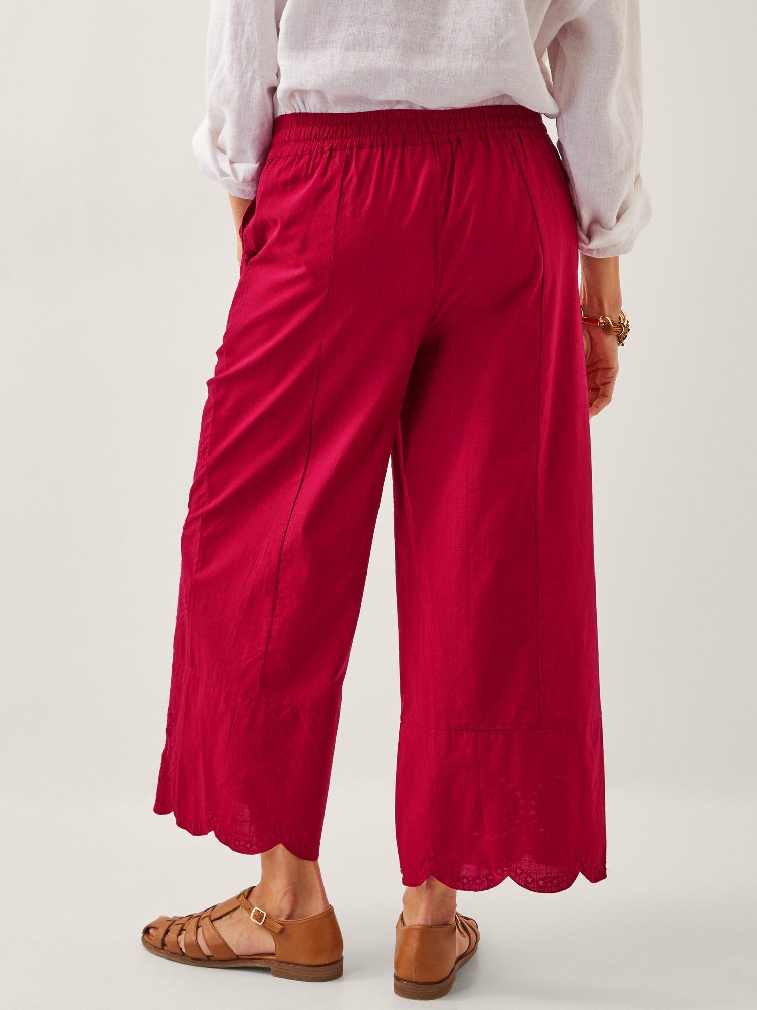 Product image 2 of 5, which shows Monsoon Orla Broderie Cotton Trousers, Red, S