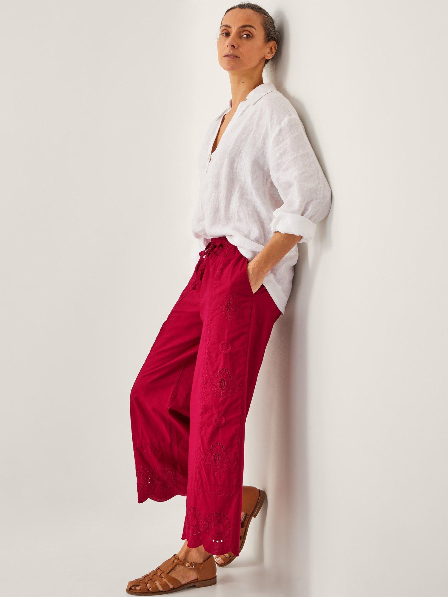 Product image 3 of 5, which shows Monsoon Orla Broderie Cotton Trousers, Red, S