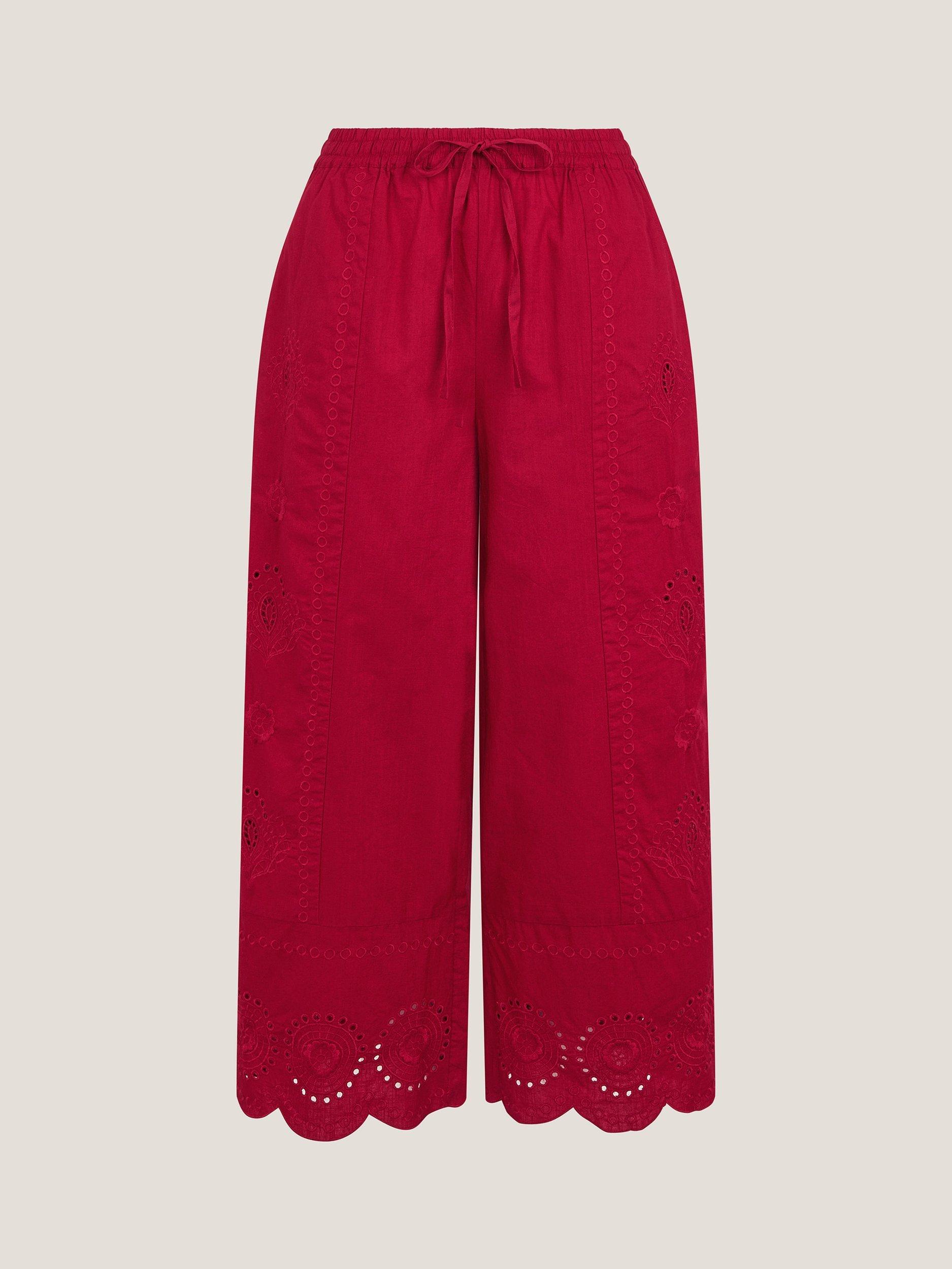 Product image 4 of 5, which shows Monsoon Orla Broderie Cotton Trousers, Red, S