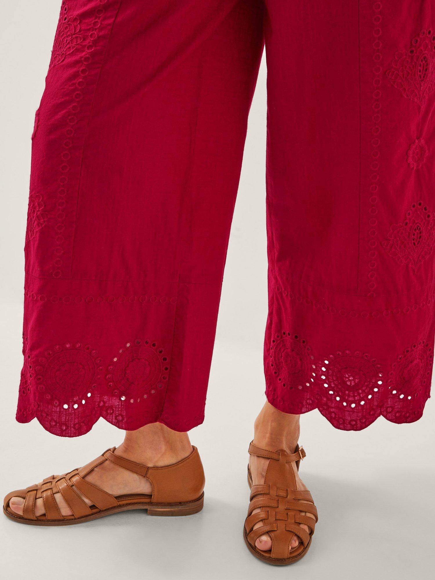 Product image 5 of 5, which shows Monsoon Orla Broderie Cotton Trousers, Red, S