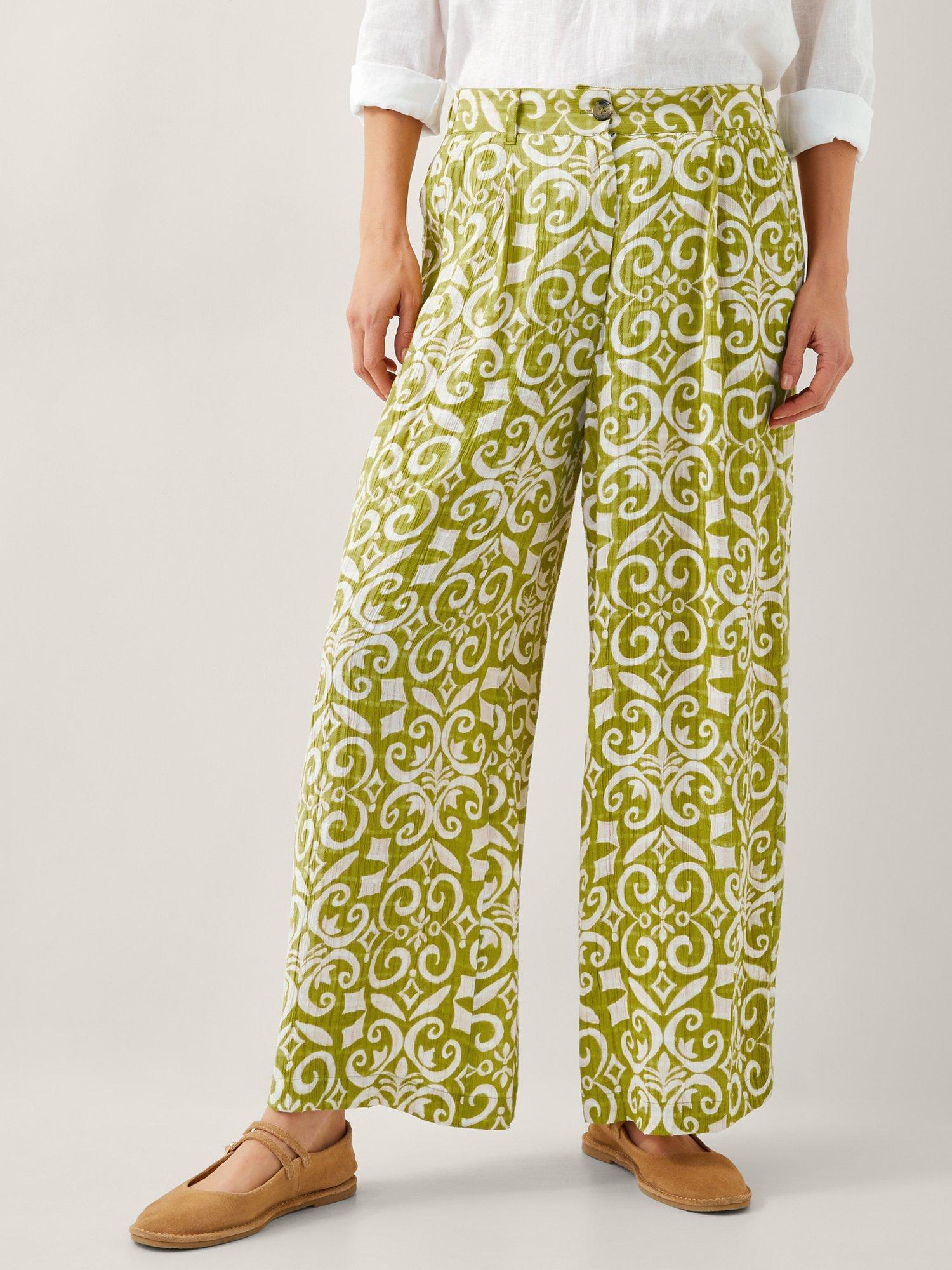Product image 1 of 5, which shows Monsoon Trinny Print Trousers, Green/White, S