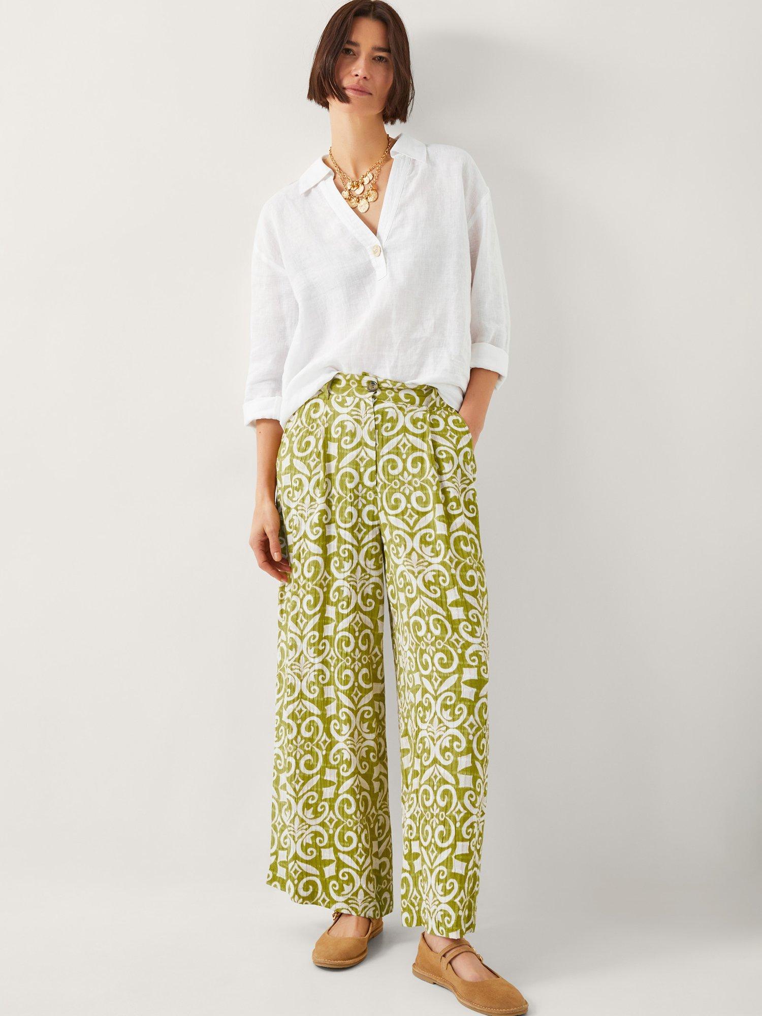 Product image 3 of 5, which shows Monsoon Trinny Print Trousers, Green/White, S