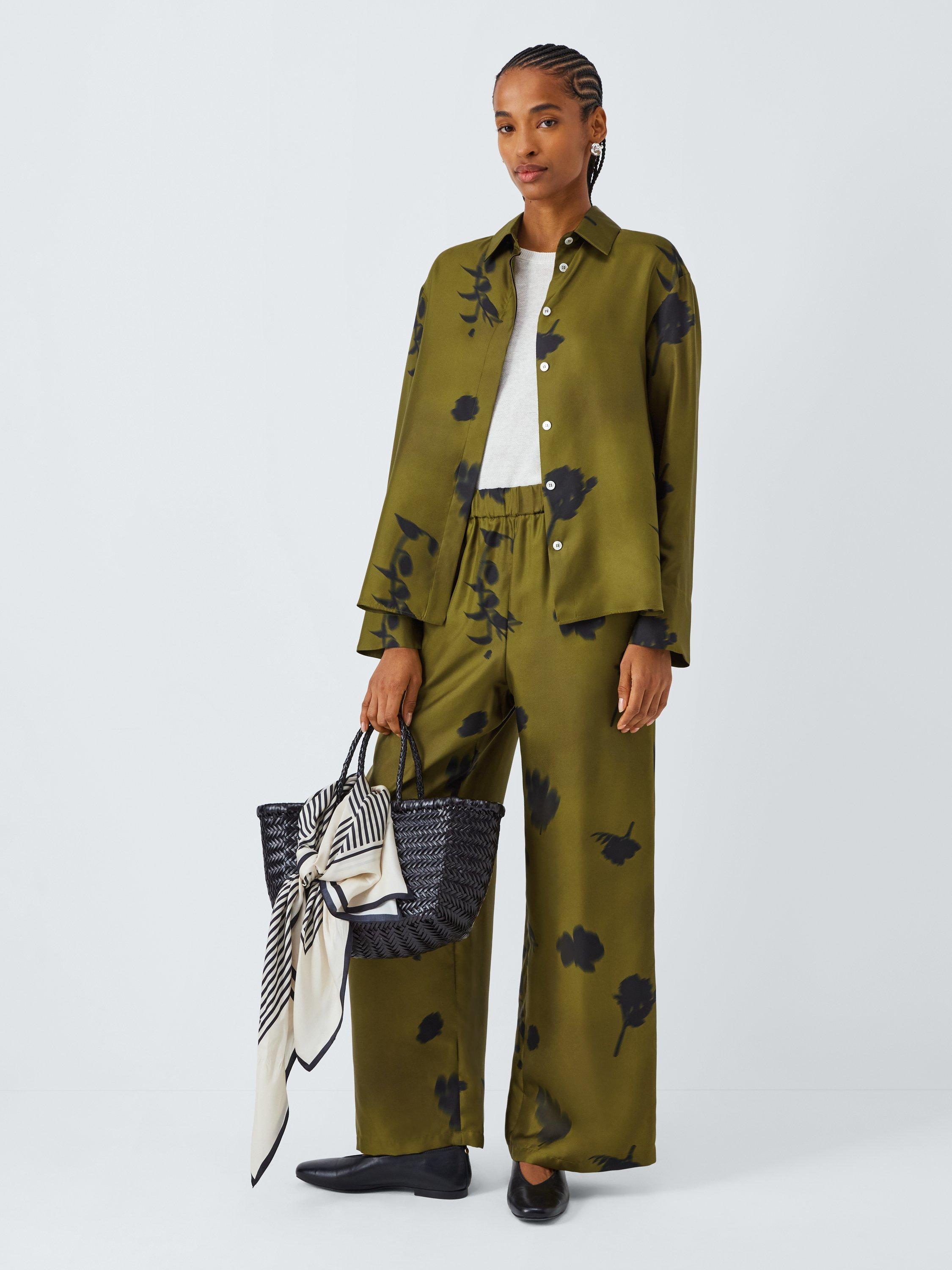 Product image 3 of 6, which shows MM Helga Floral Pure Silk Trousers, Green/Black, 6
