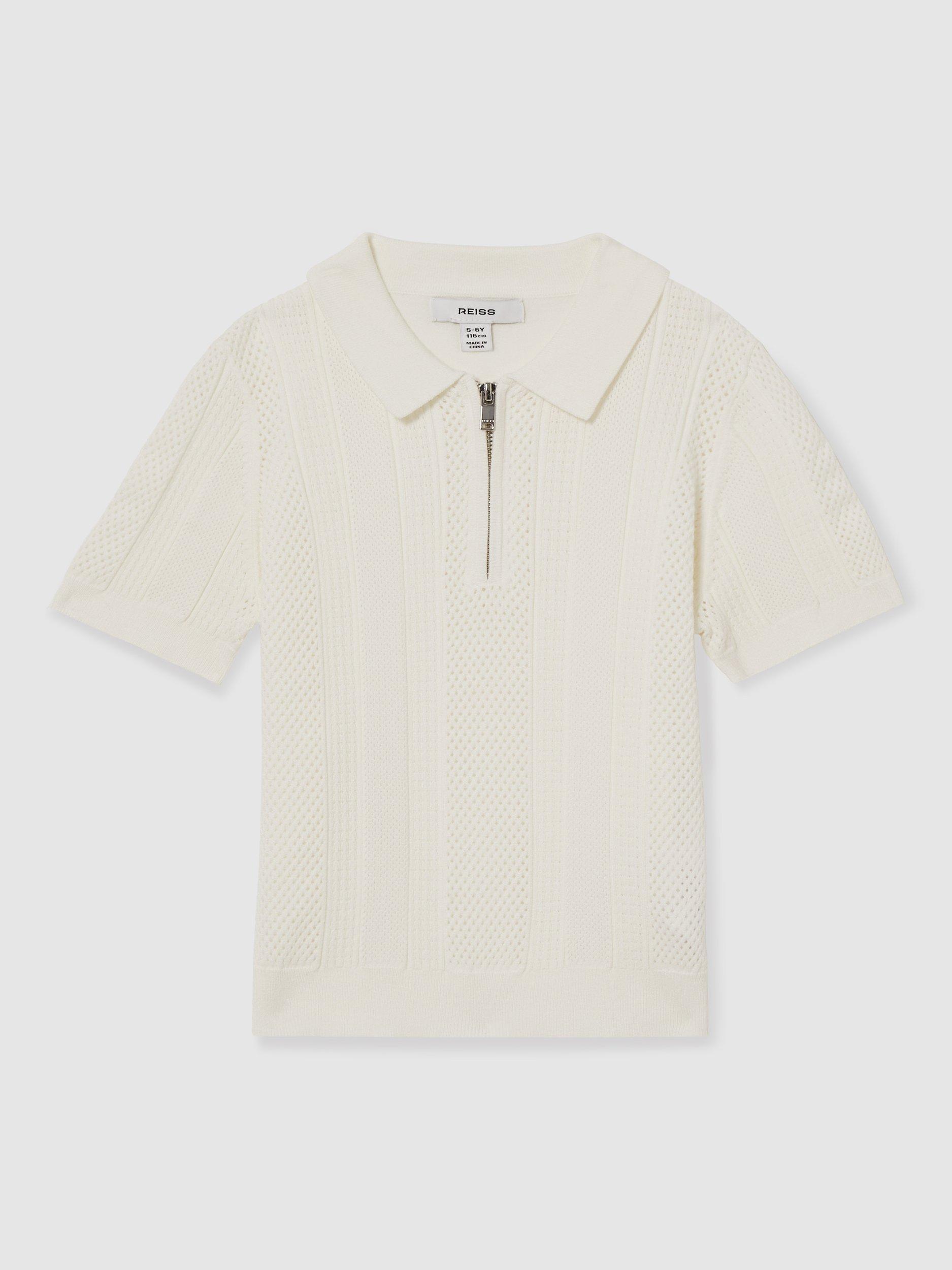 Product image 1 of 4, which shows Reiss Kids' Texas Textured Quarter-Zip Polo Shirt, Optic White, 4-5 years