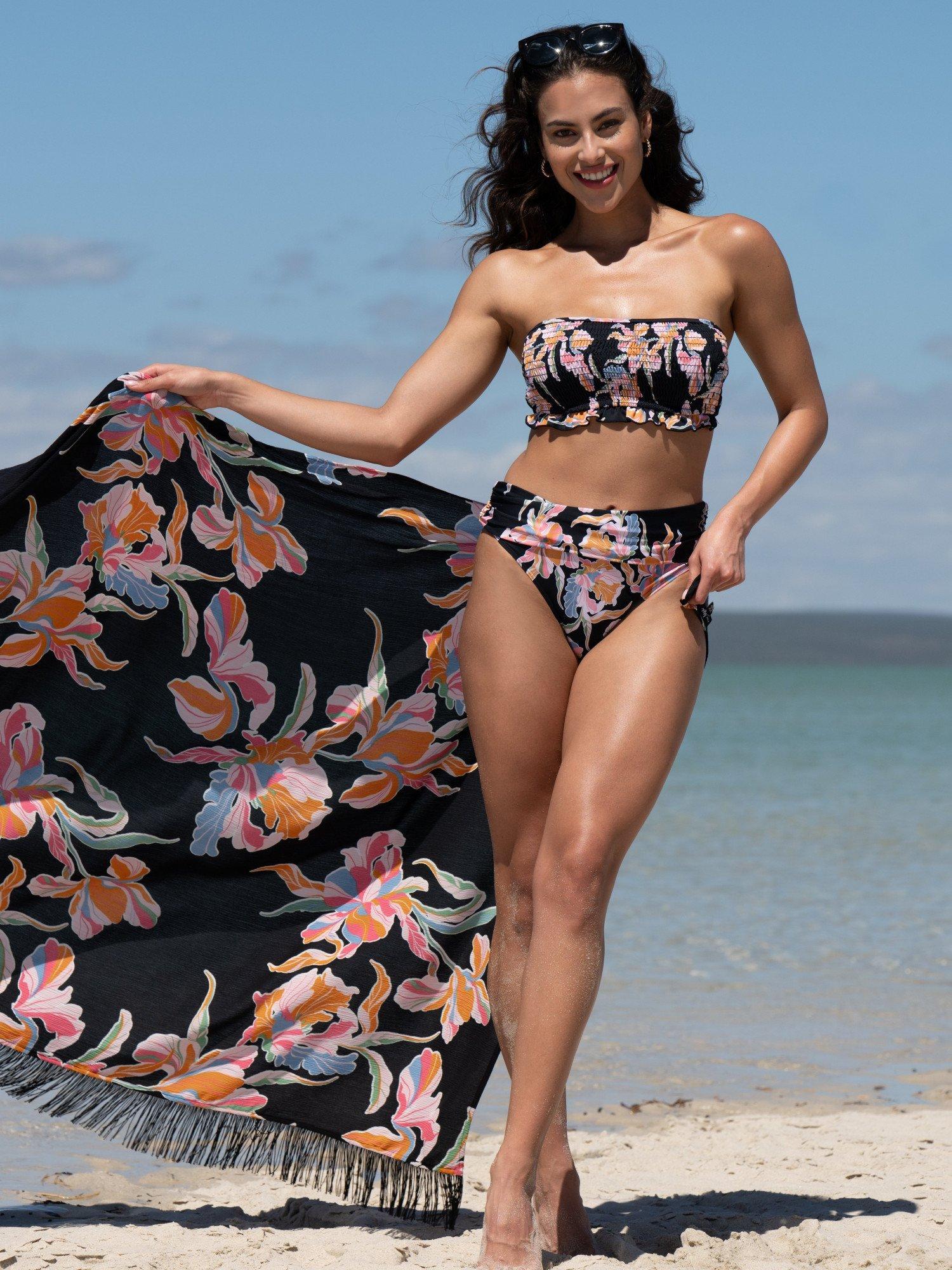 Product image 4 of 6, which shows Pour Moi Fringe Trim Crinkle Woven Multiway Sarong, Black/Multi, S-M