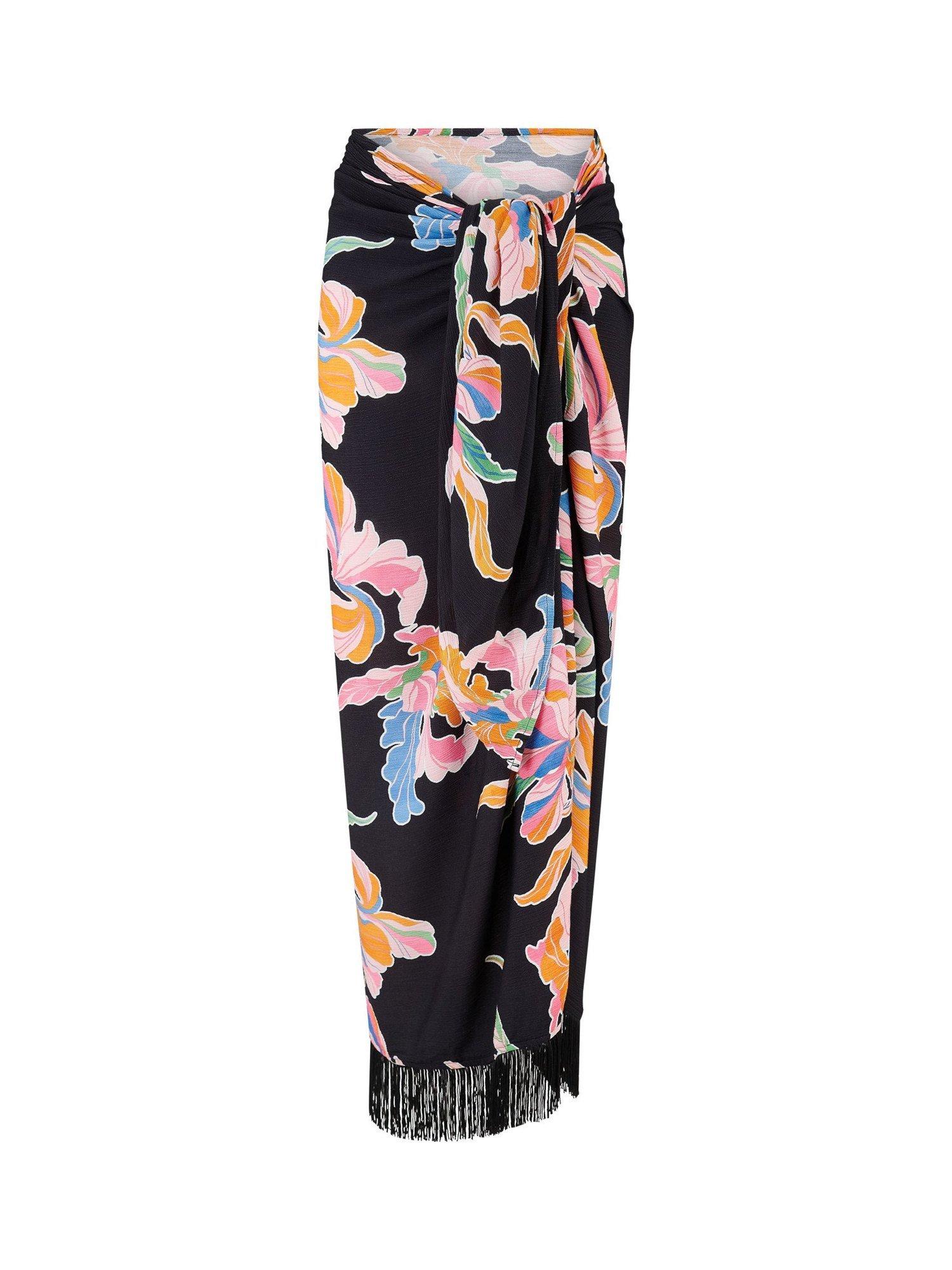Product image 5 of 6, which shows Pour Moi Fringe Trim Crinkle Woven Multiway Sarong, Black/Multi, S-M