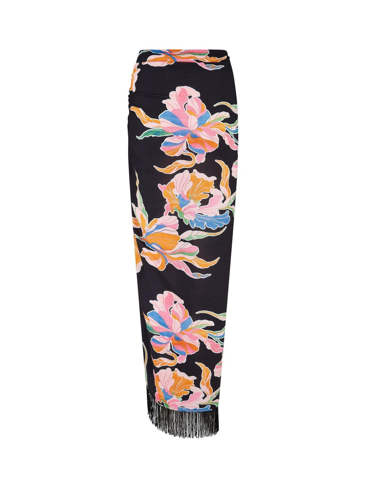 Product image 6 of 6, which shows Pour Moi Fringe Trim Crinkle Woven Multiway Sarong, Black/Multi, S-M