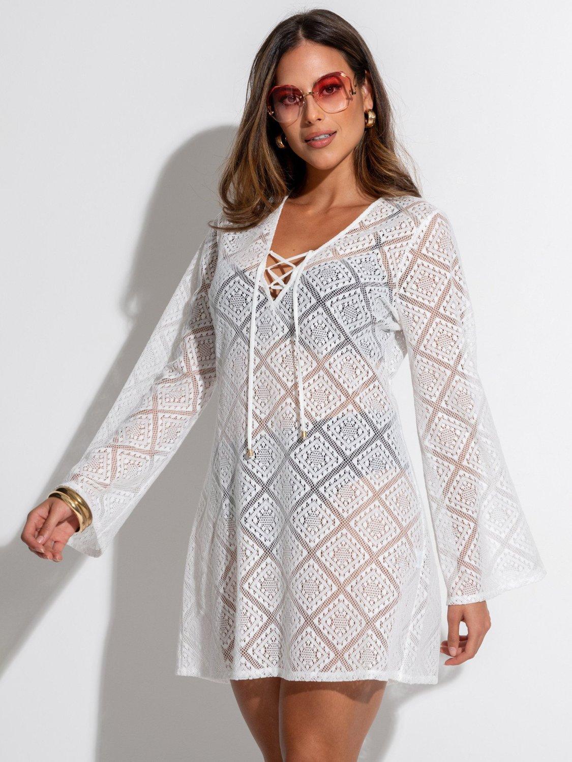 Product image 2 of 5, which shows Pour Moi Crochet Lace Long Sleeve Beach Cover Up, Ivory, 8