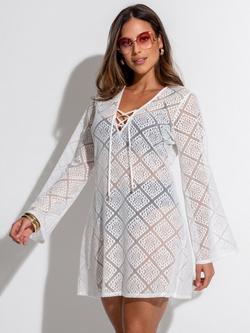 Pour Moi Crochet Lace Long Sleeve Beach Cover Up, Ivory - view 2, Ivory