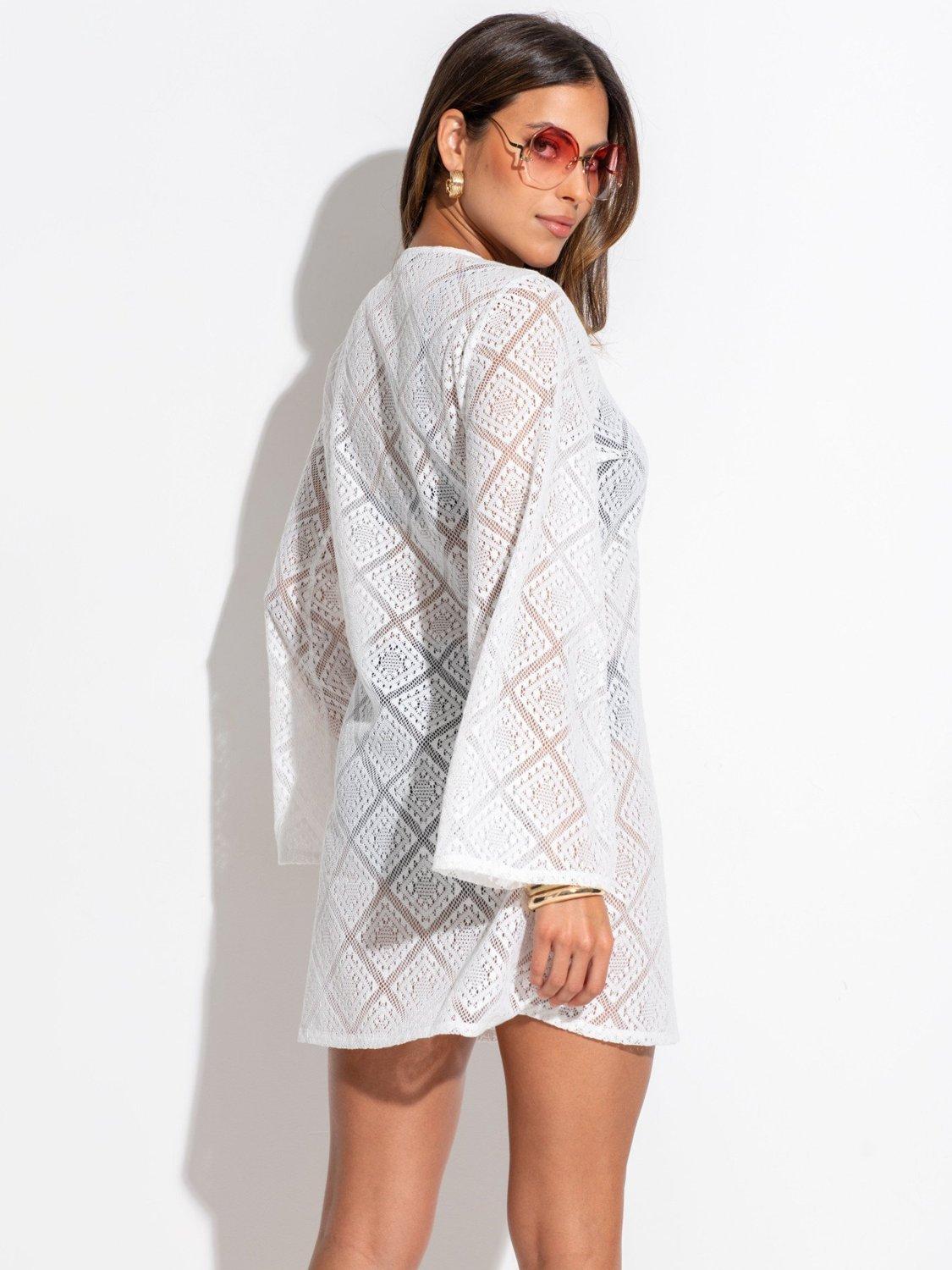 Product image 3 of 5, which shows Pour Moi Crochet Lace Long Sleeve Beach Cover Up, Ivory, 8