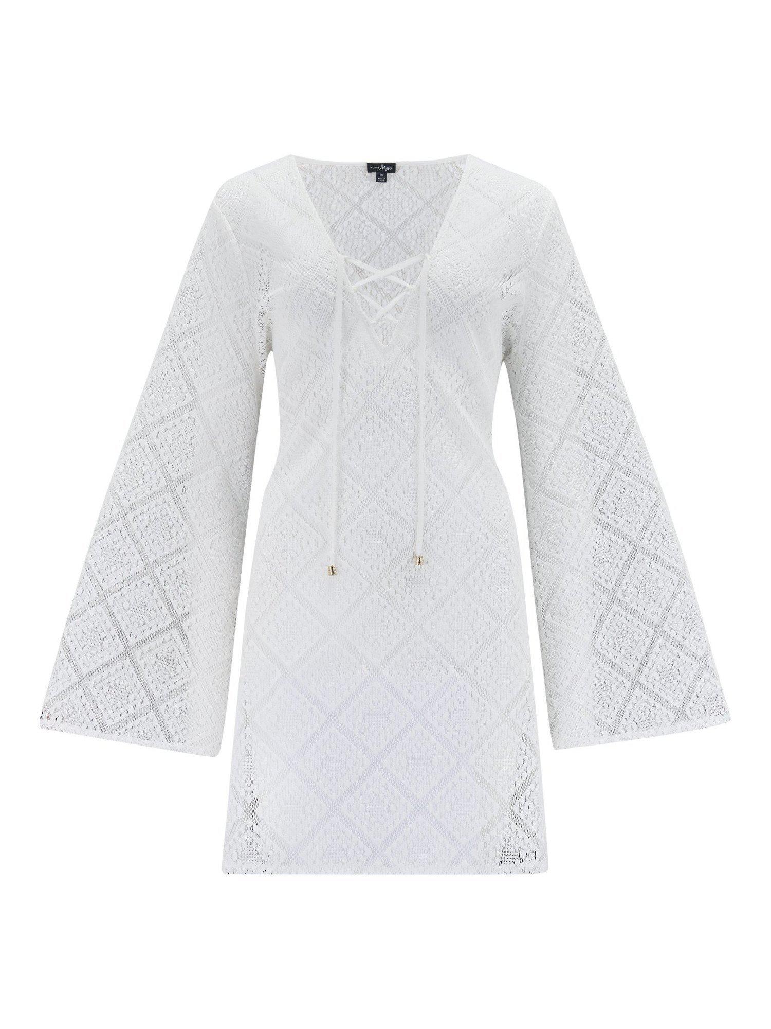 Product image 4 of 5, which shows Pour Moi Crochet Lace Long Sleeve Beach Cover Up, Ivory, 8