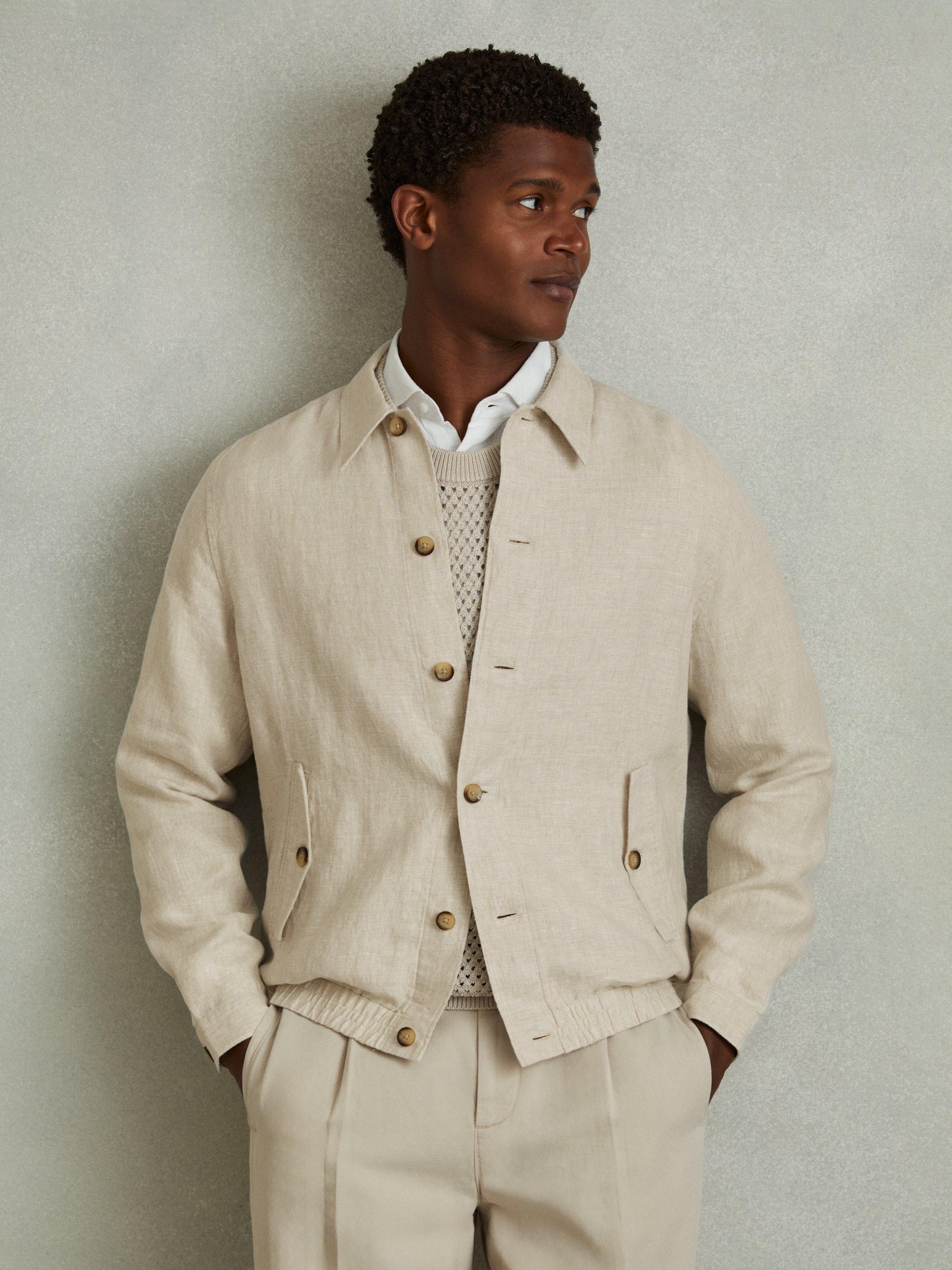 Product image 1 of 4, which shows Reiss Cadiz Linen Overshirt, Oatmeal, M