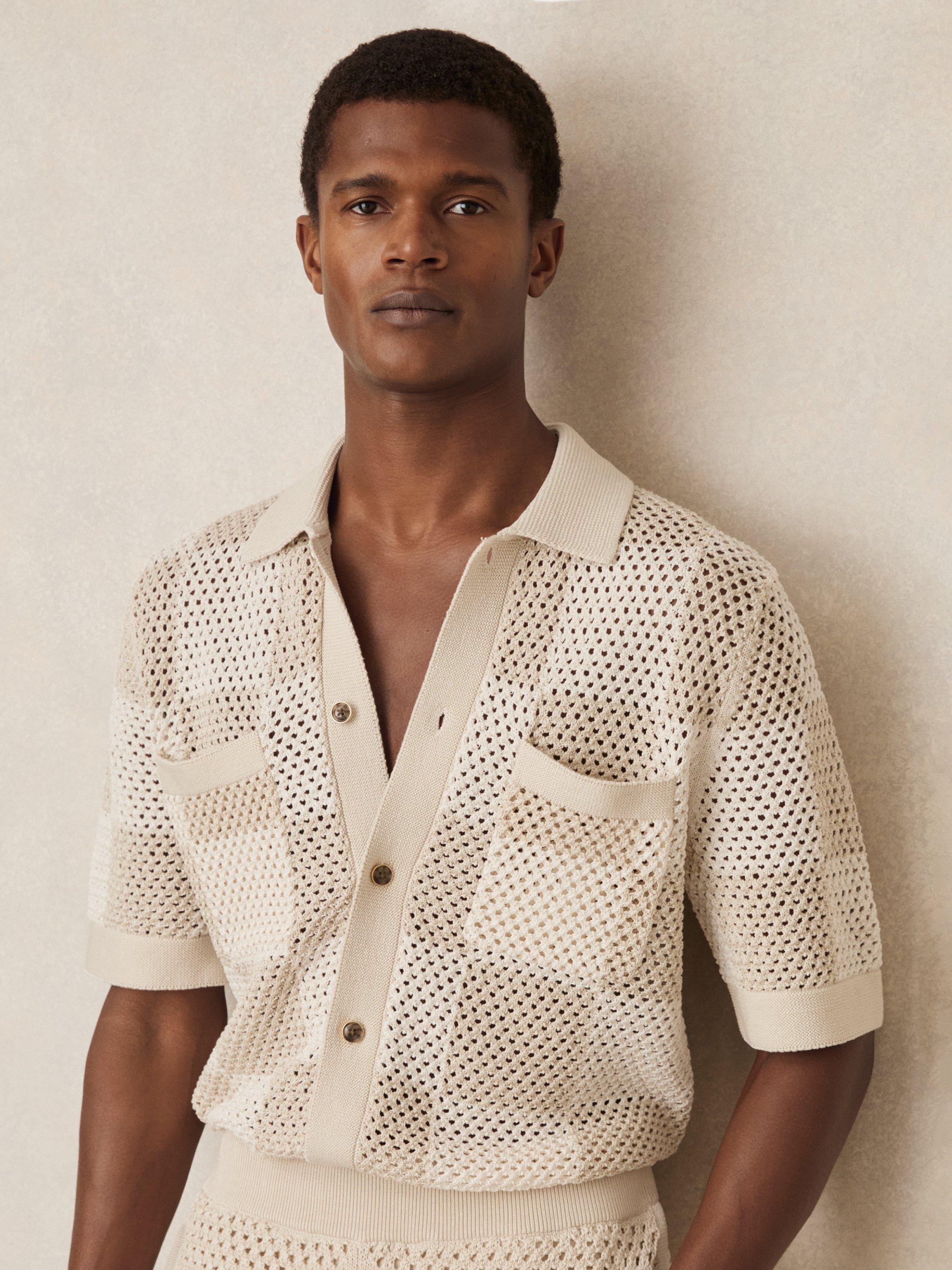 Reiss Alfred Cotton Chequerboard Crochet Shirt, Taupe/Off White