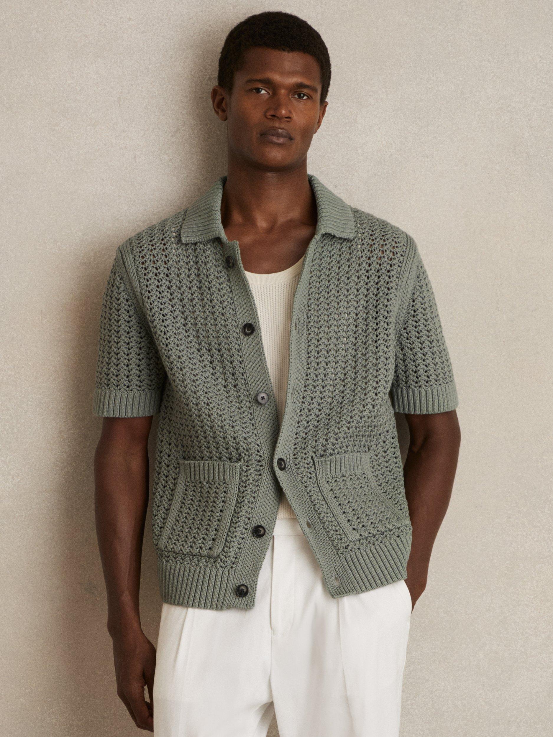 Reiss Amir Cotton Blend Crochet Button-Through Shirt, Sage Green