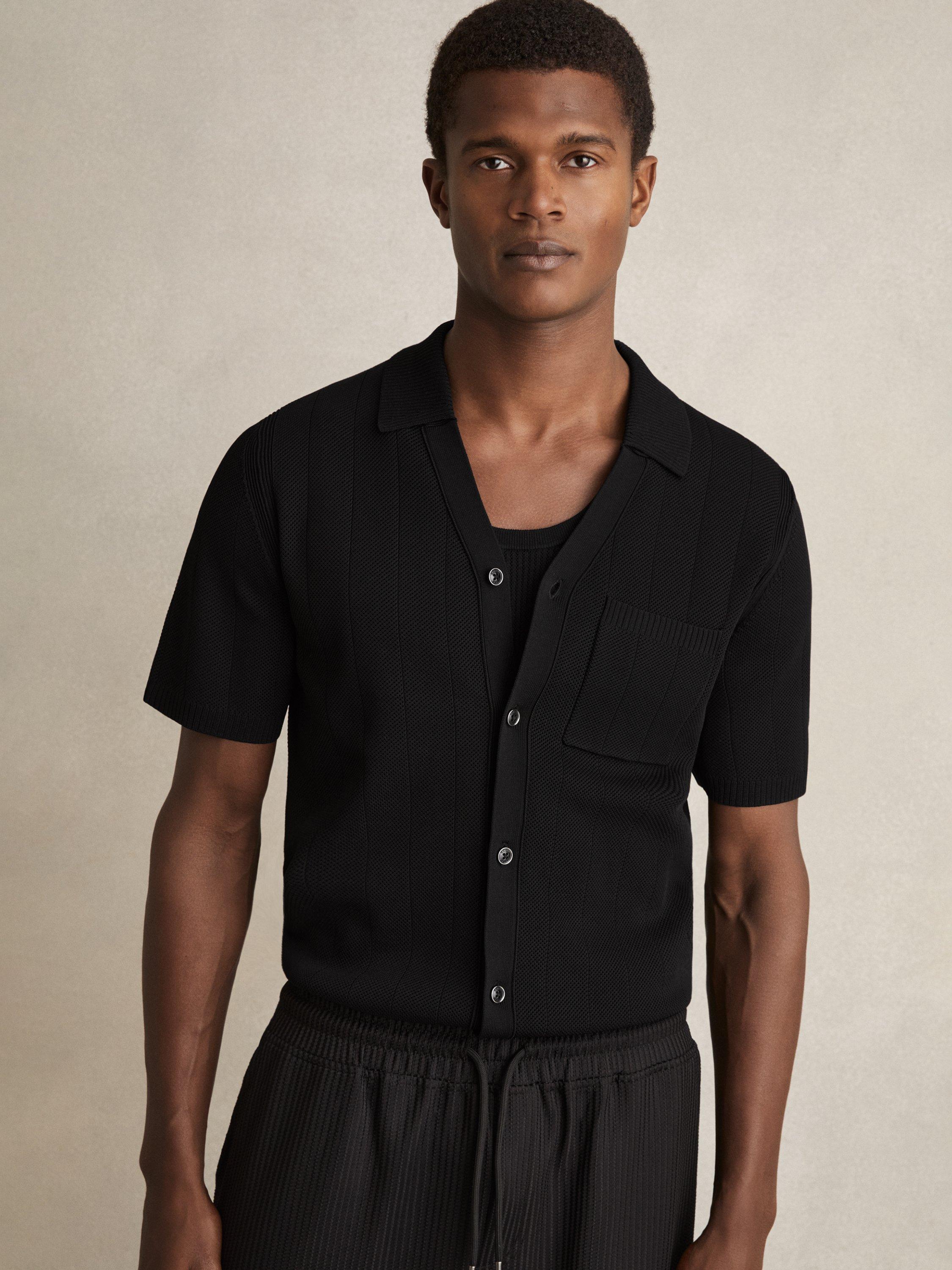 Product image 1 of 5, which shows Reiss Fallon V-Neck Collar Textured Knit Shirt, Black, S