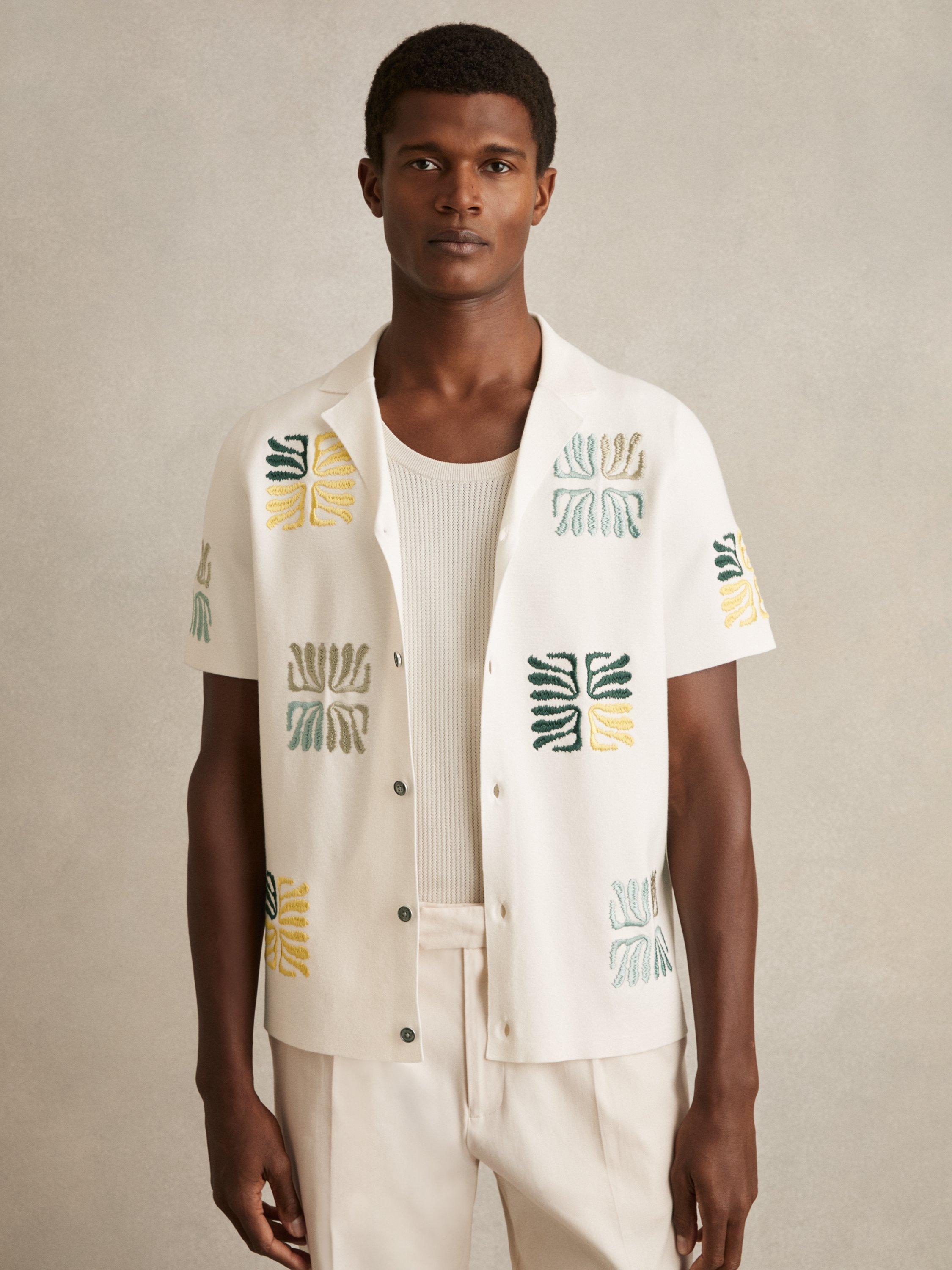 Product image 1 of 5, which shows Reiss Pablo Reef-Embroidery Cuban Collar Shirt, White, S
