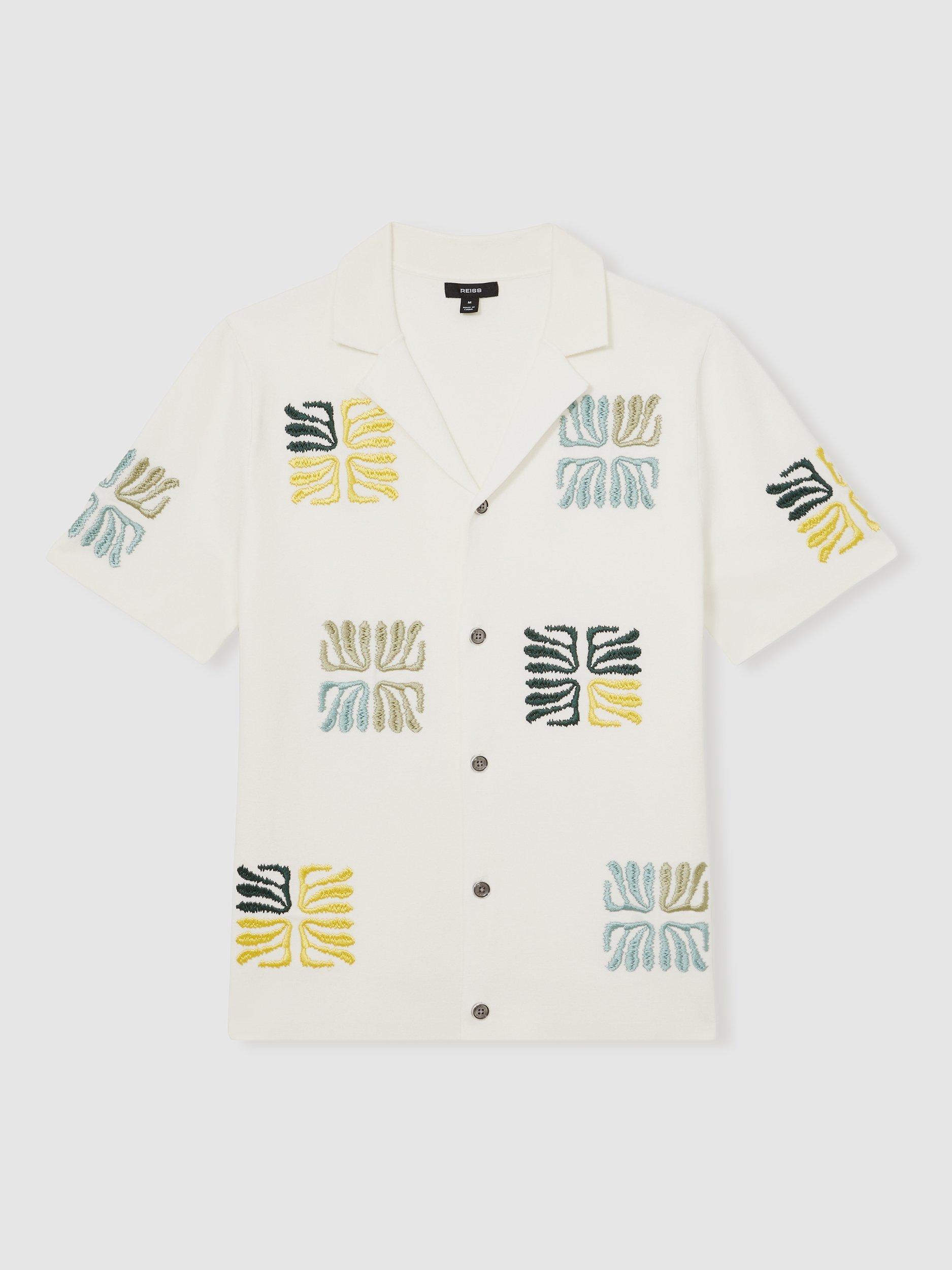 Product image 3 of 5, which shows Reiss Pablo Reef-Embroidery Cuban Collar Shirt, White, S