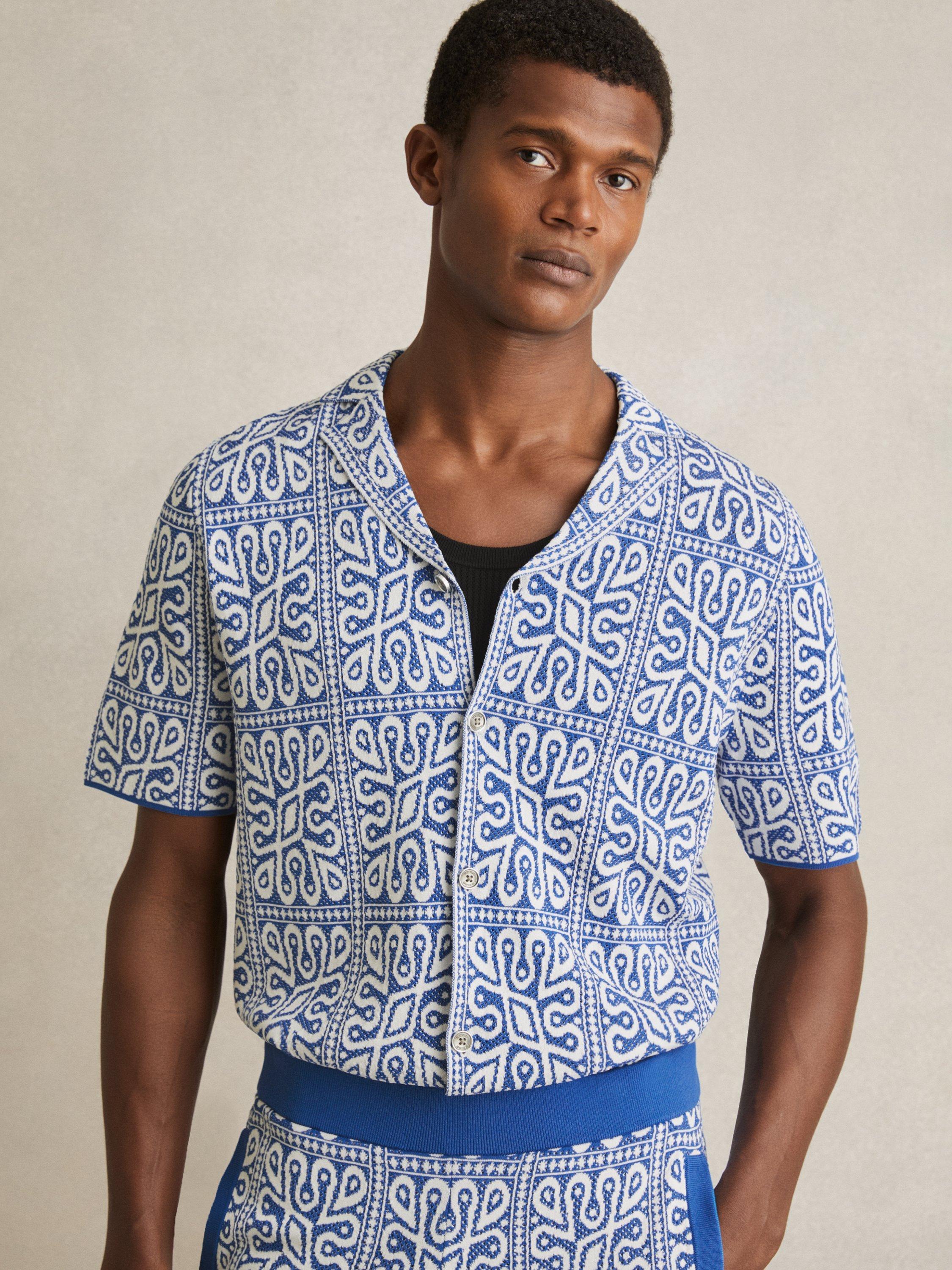 Product image 1 of 5, which shows Reiss River Tile Pattern Knit Shirt, Blue/Multi, M