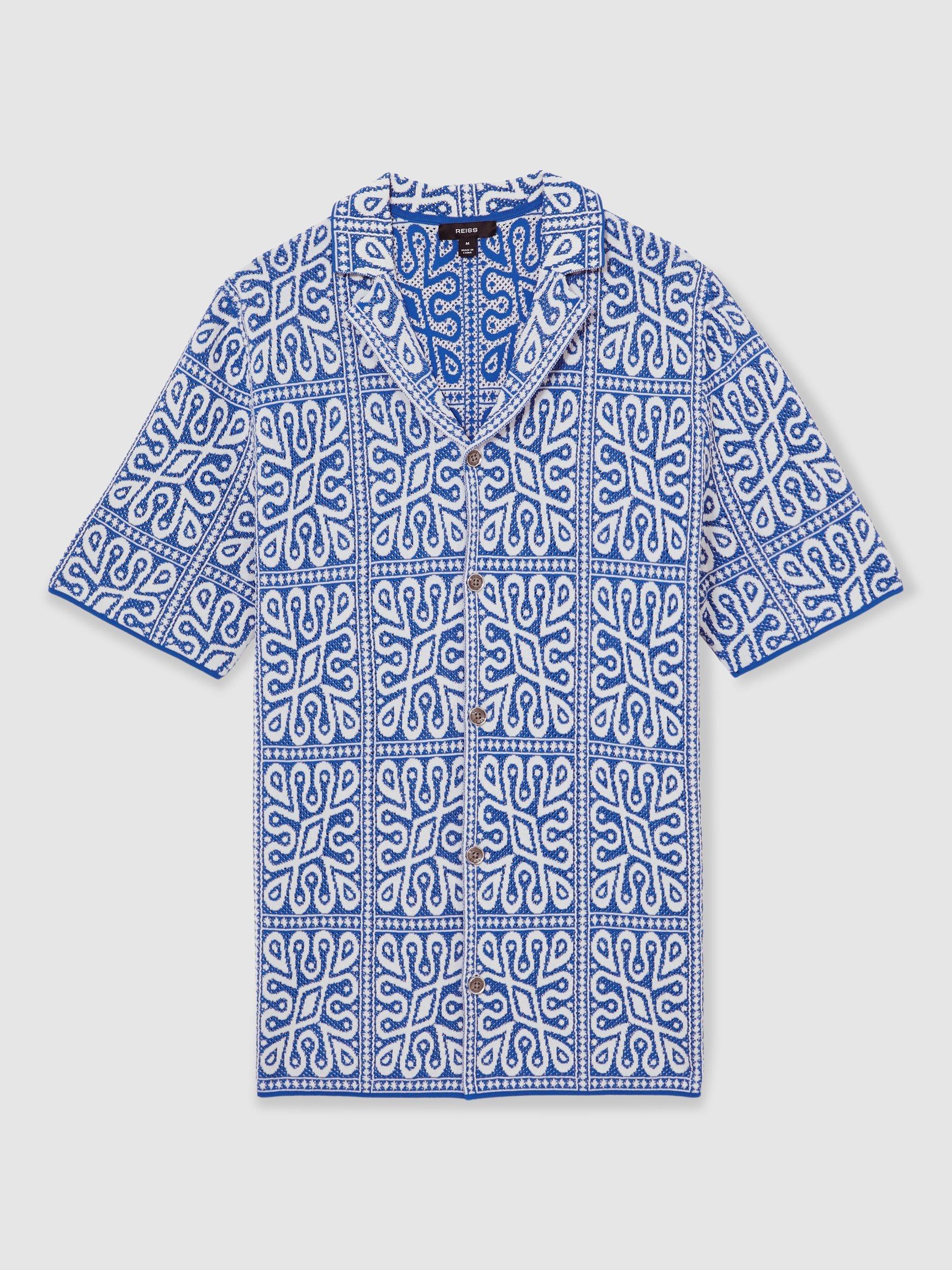 Product image 3 of 5, which shows Reiss River Tile Pattern Knit Shirt, Blue/Multi, M