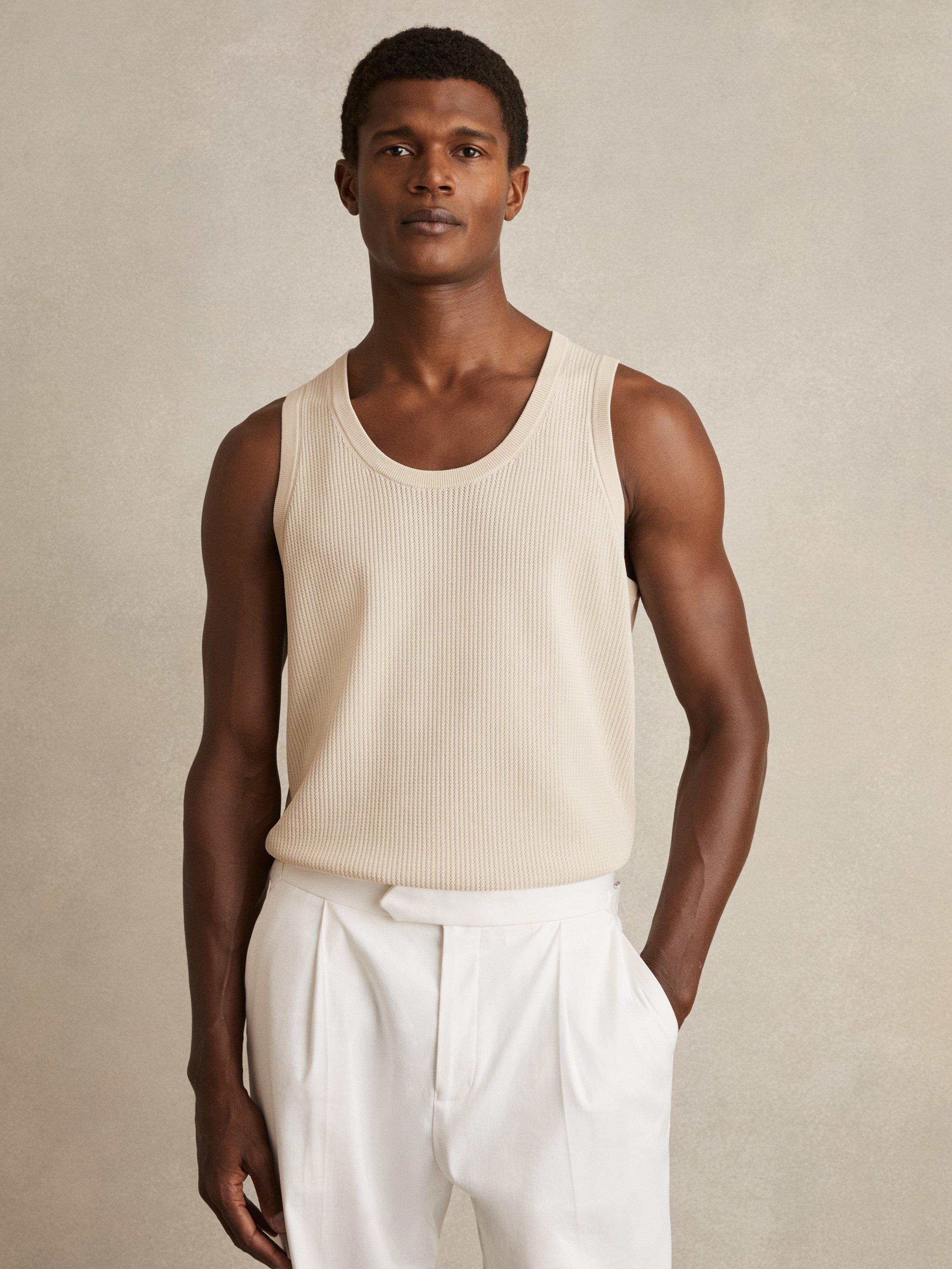 Product image 1 of 5, which shows Reiss Watson Textured Crew Neck Ribbed Vest, Off White, XS