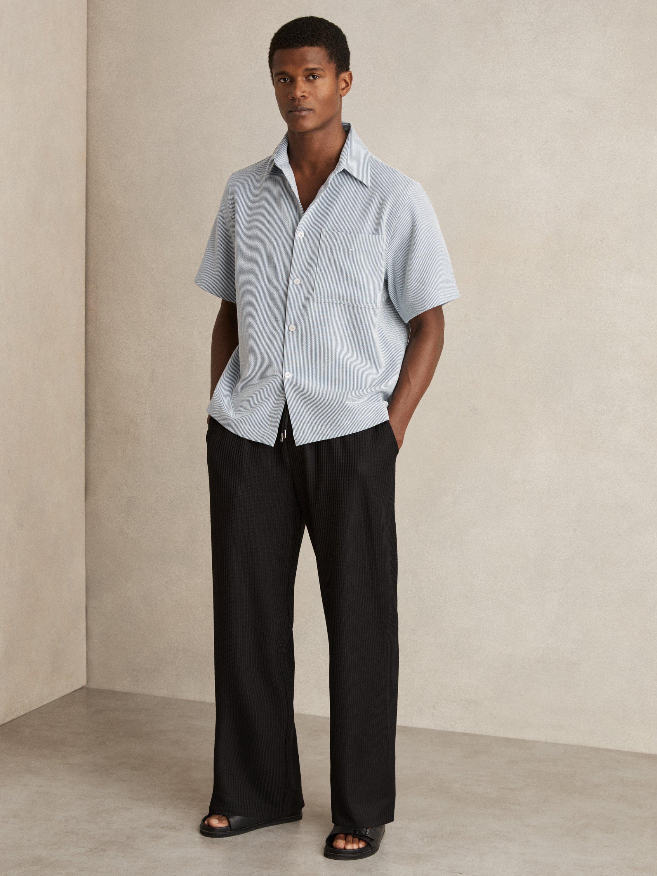 Product image 1 of 5, which shows Reiss Sensei Regular Fit Seersucker Stripe Shirt, Soft Blue/White, XS