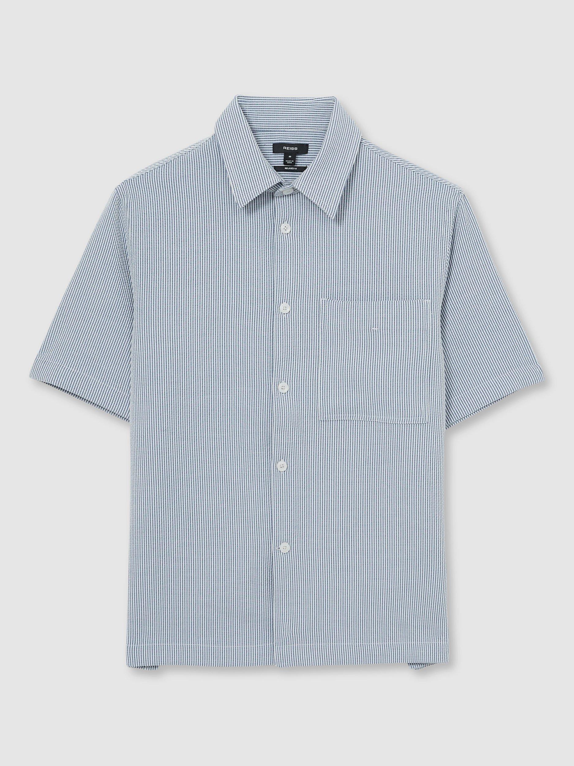Product image 3 of 5, which shows Reiss Sensei Regular Fit Seersucker Stripe Shirt, Soft Blue/White, XS