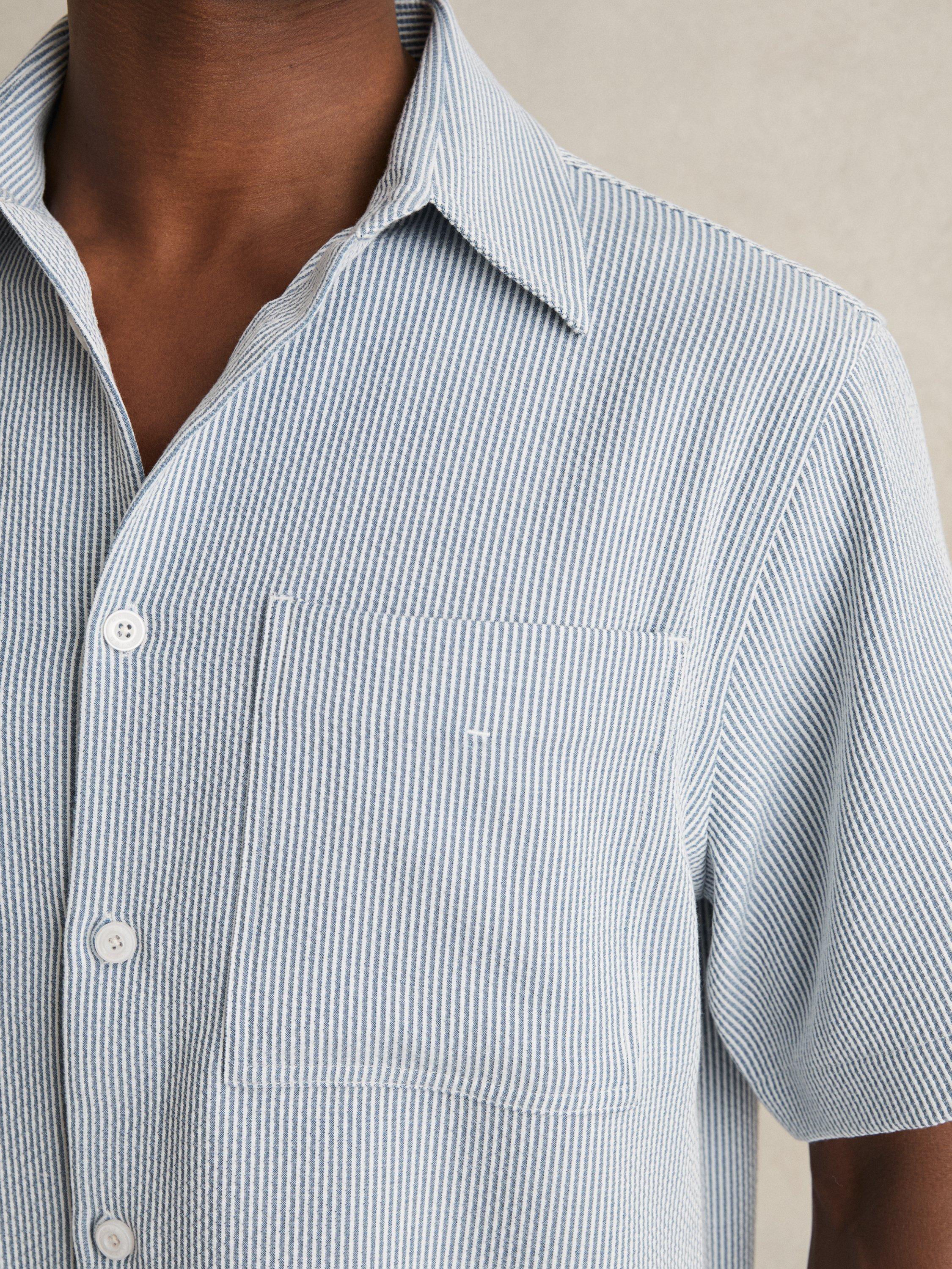 Product image 4 of 5, which shows Reiss Sensei Regular Fit Seersucker Stripe Shirt, Soft Blue/White, XS