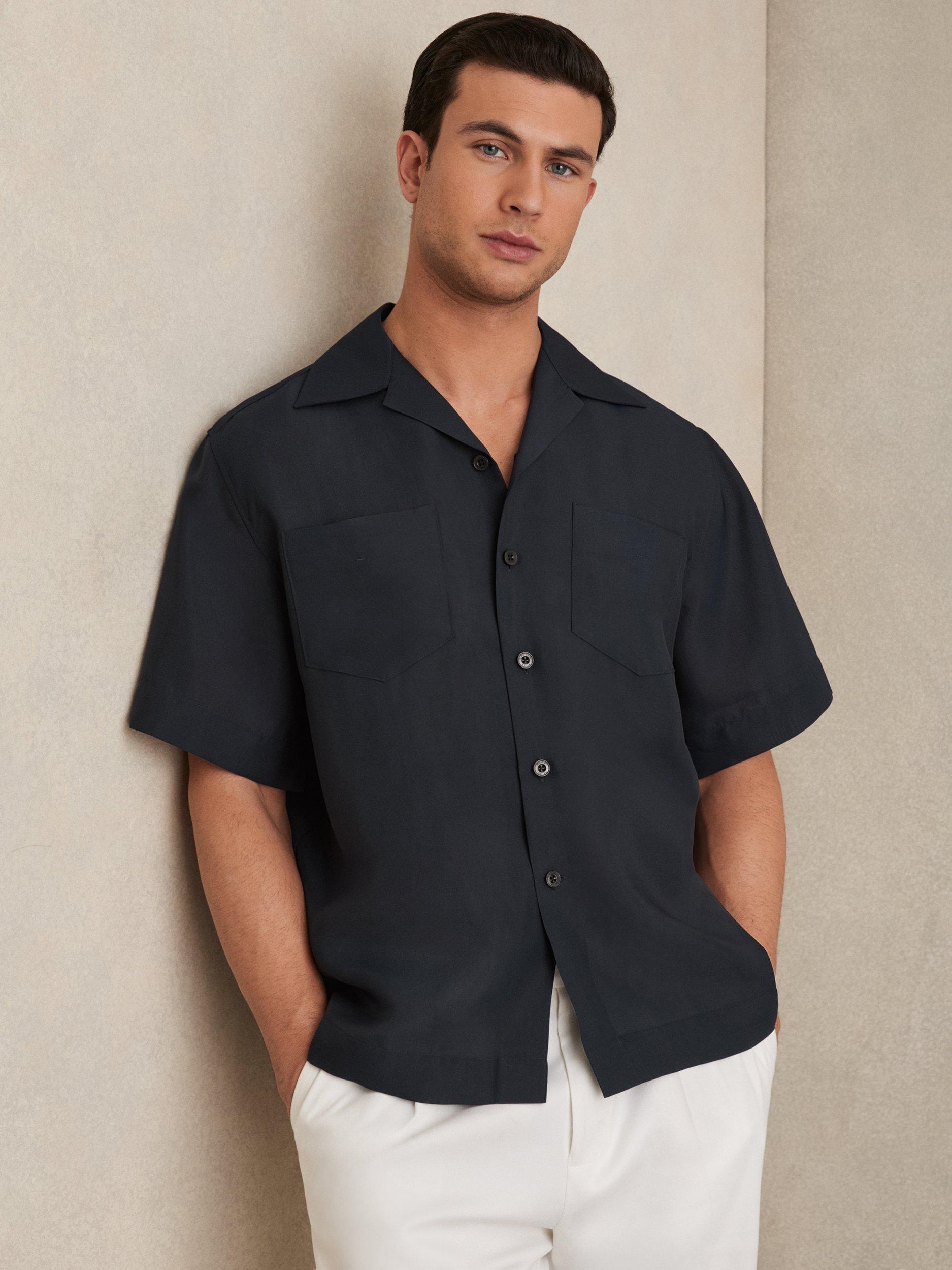 Product image 1 of 5, which shows Reiss Wrexham Organza Twin Pocket Oversized Shirt, Navy, XS