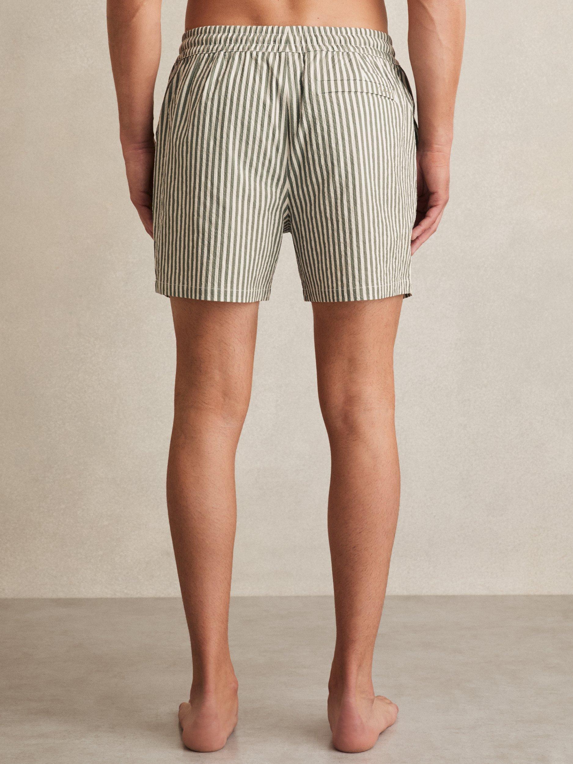 Product image 2 of 5, which shows Reiss Bay Seersucker Stripe Swim Shorts, Sage/White, XS