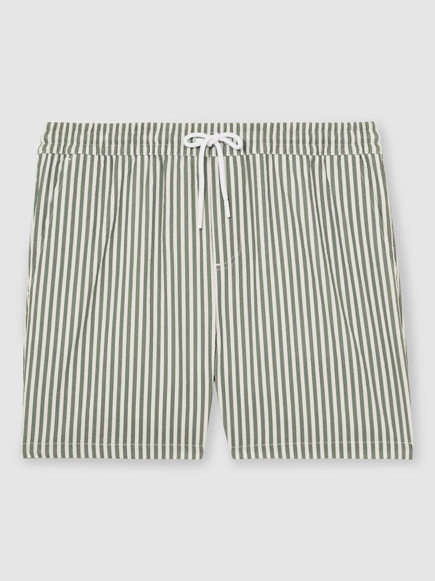 Product image 3 of 5, which shows Reiss Bay Seersucker Stripe Swim Shorts, Sage/White, XS