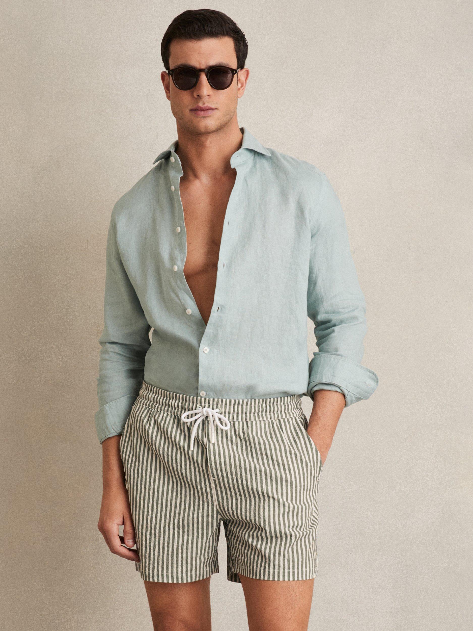 Product image 4 of 5, which shows Reiss Bay Seersucker Stripe Swim Shorts, Sage/White, XS